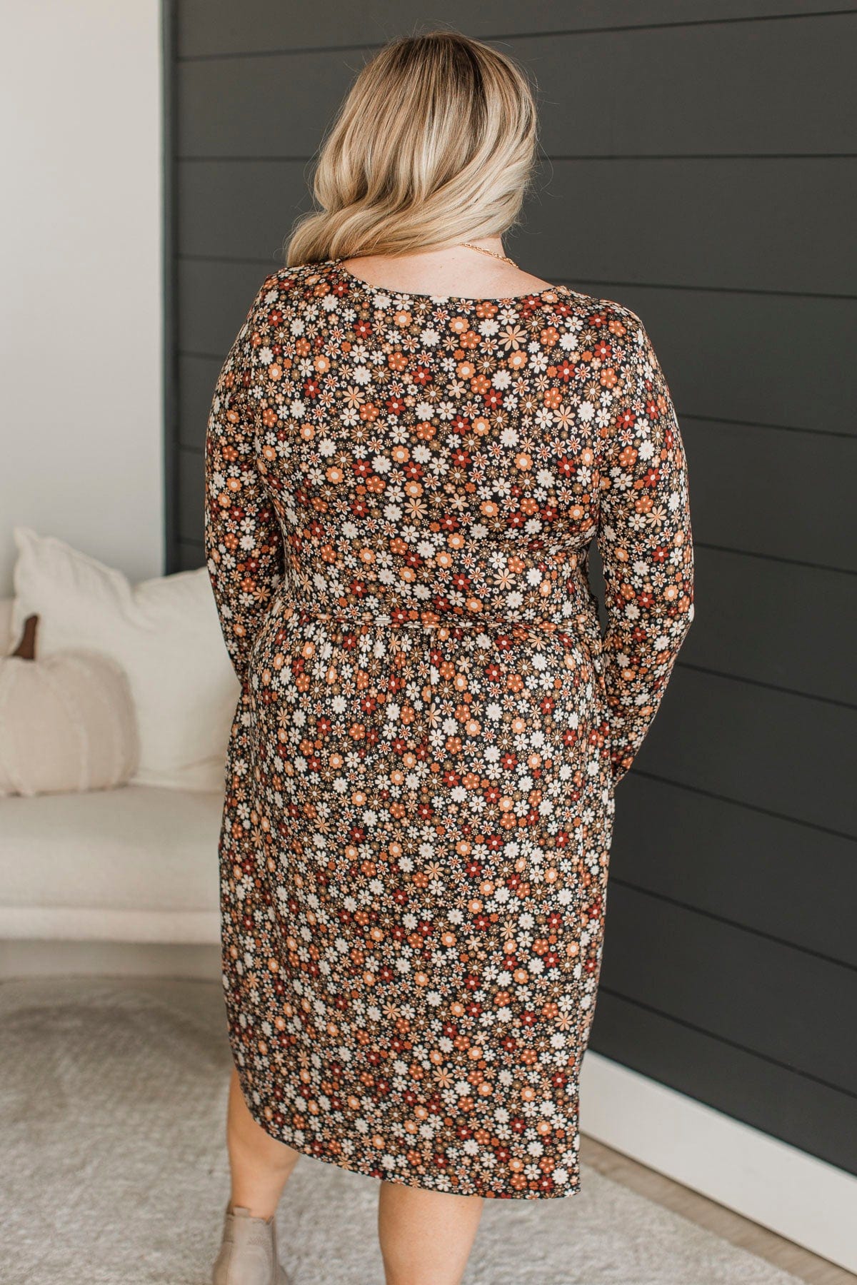 Where To Begin Long Sleeve Floral Dress- Black & Rust - Image 6