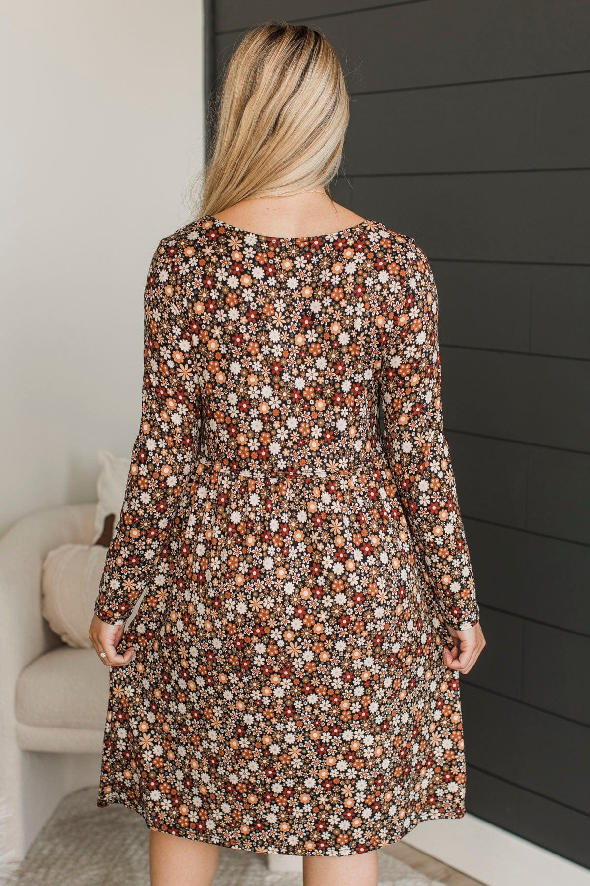 Where To Begin Long Sleeve Floral Dress- Black & Rust - Image 7