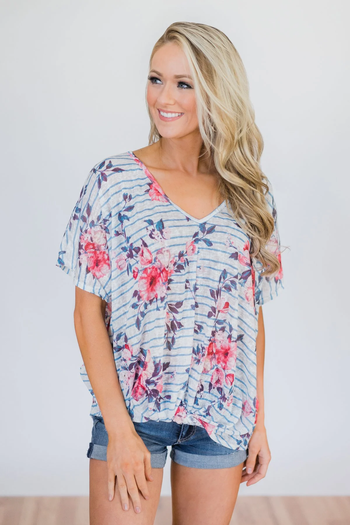 Where You Are Floral Knot Top- Blue