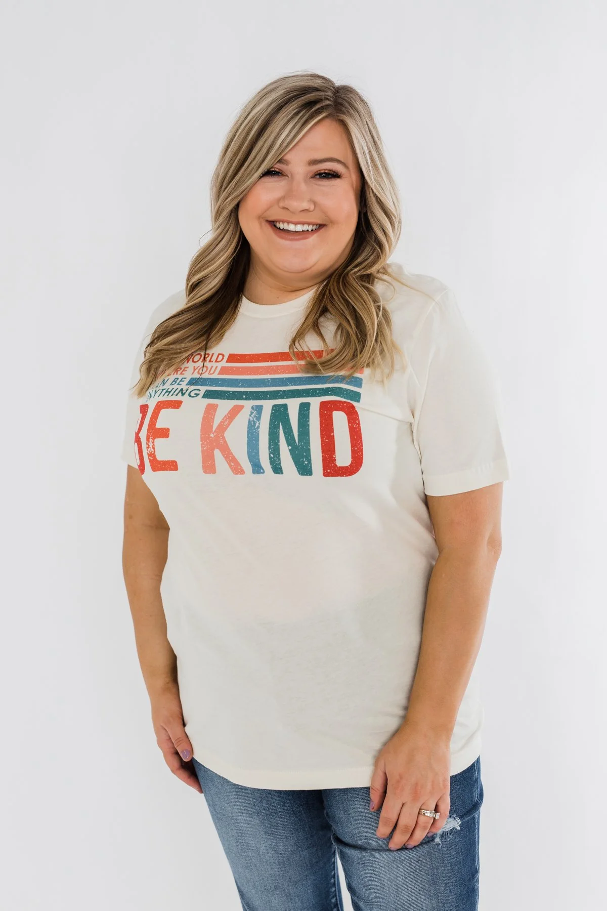 "Where You Can Be Anything, Be Kind" Colorful Graphic Tee- Cream - Image 4