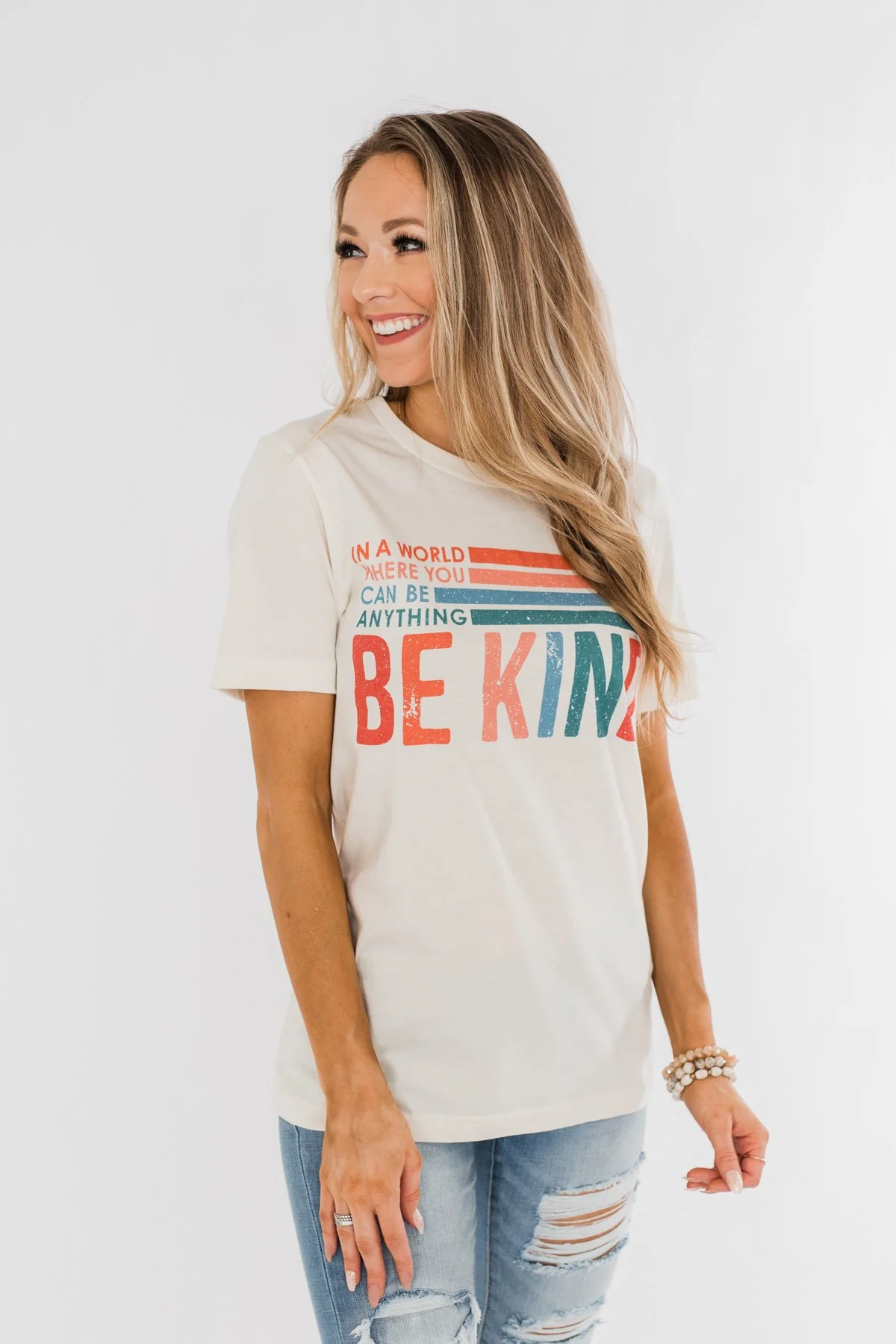 "Where You Can Be Anything, Be Kind" Colorful Graphic Tee- Cream - Image 5