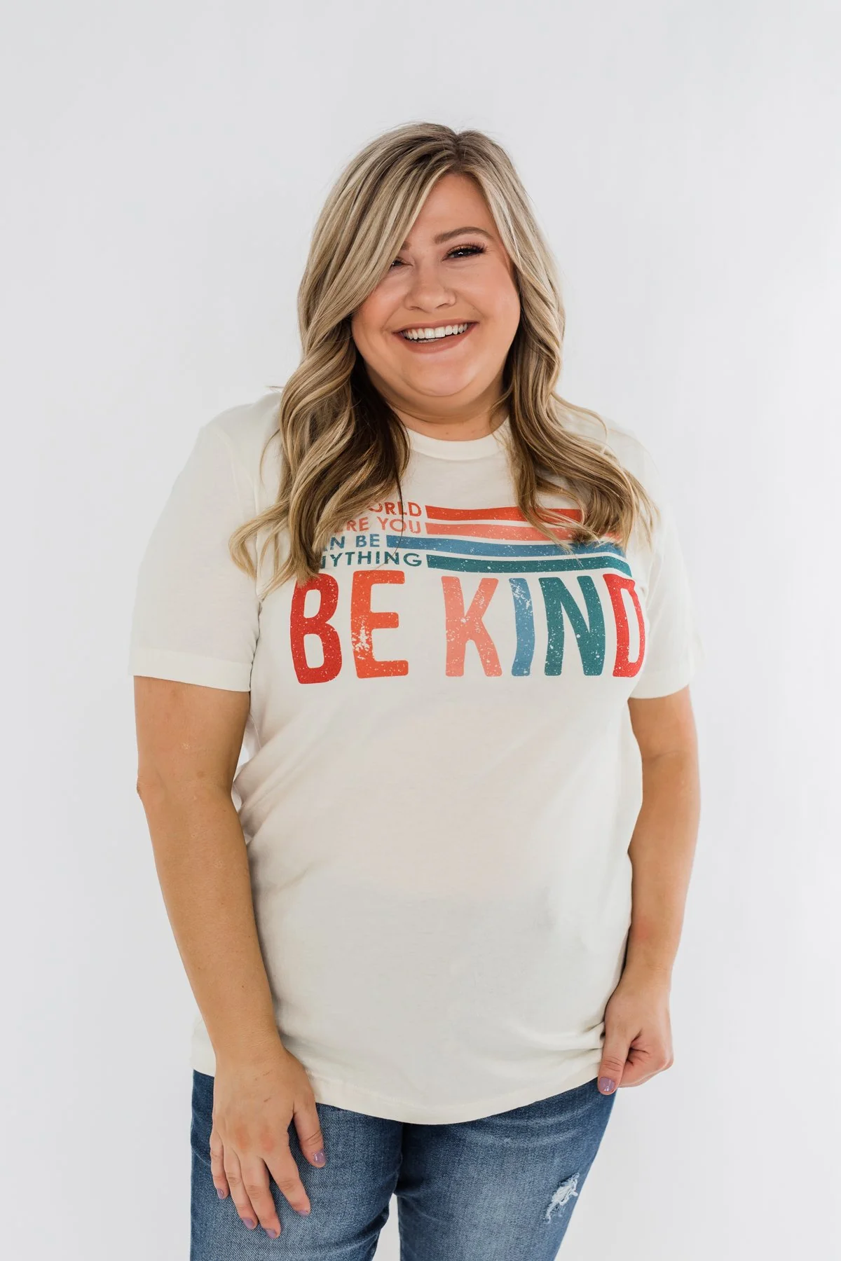 "Where You Can Be Anything, Be Kind" Colorful Graphic Tee- Cream - Image 8