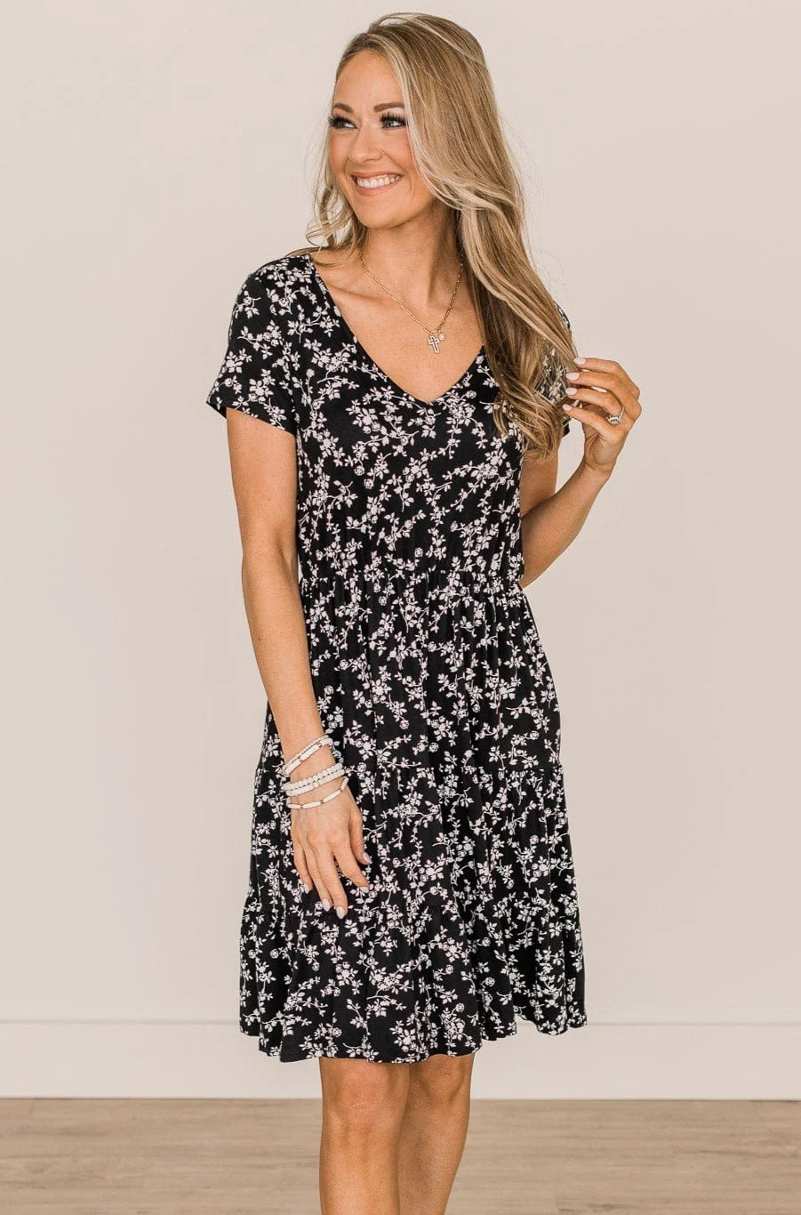 Whimsical Love Short Sleeve Floral Dress- Black