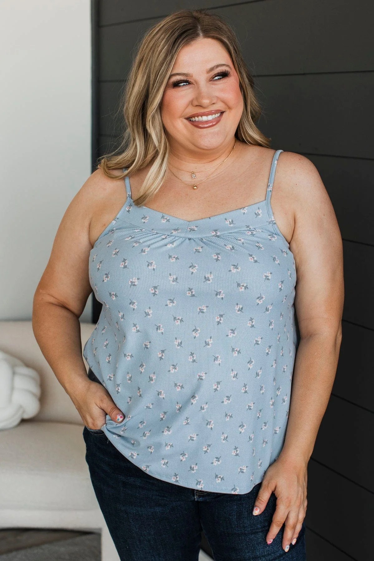 Whimsical Spirit Floral Tank Top- Denim Blue - Image 2