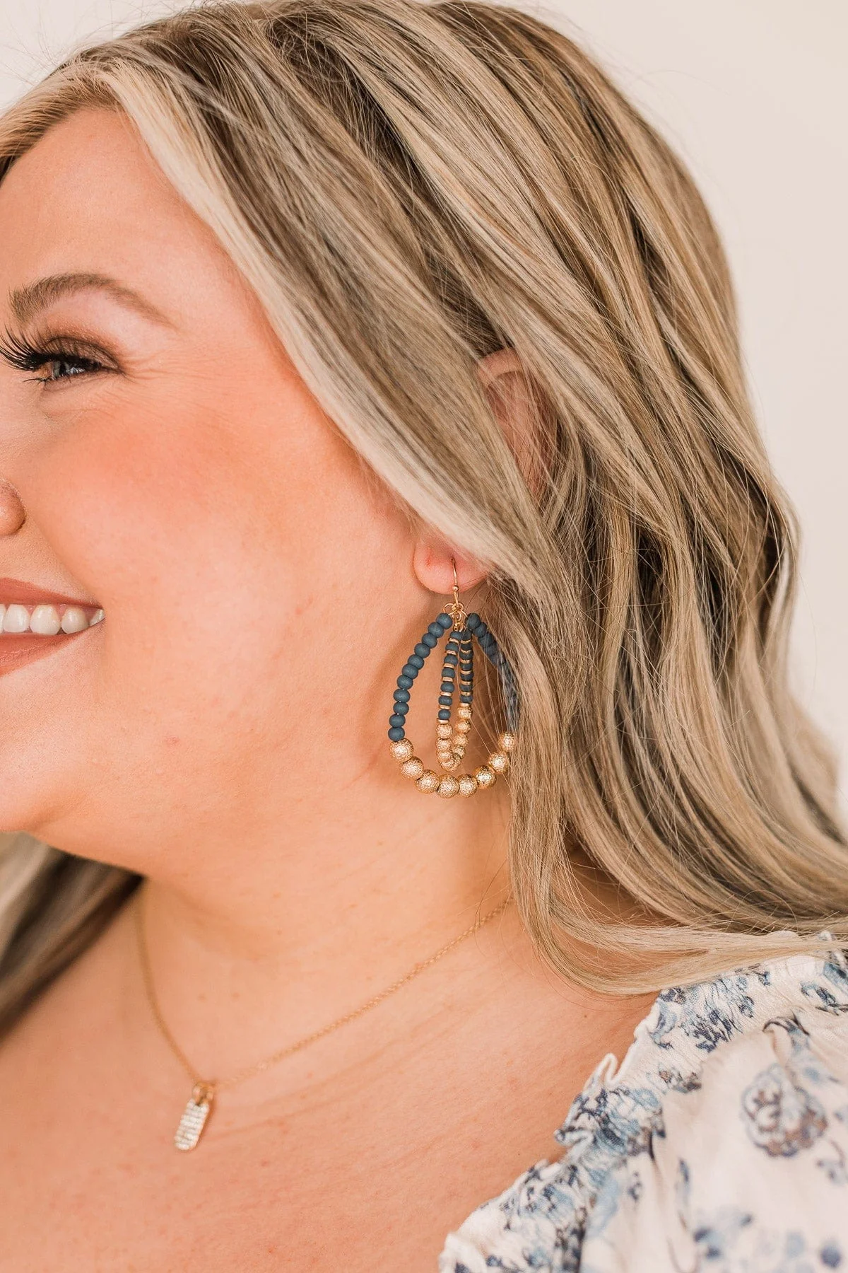 Whirling Emotions Beaded Teardrop Earrings- Gold & Navy - Image 2