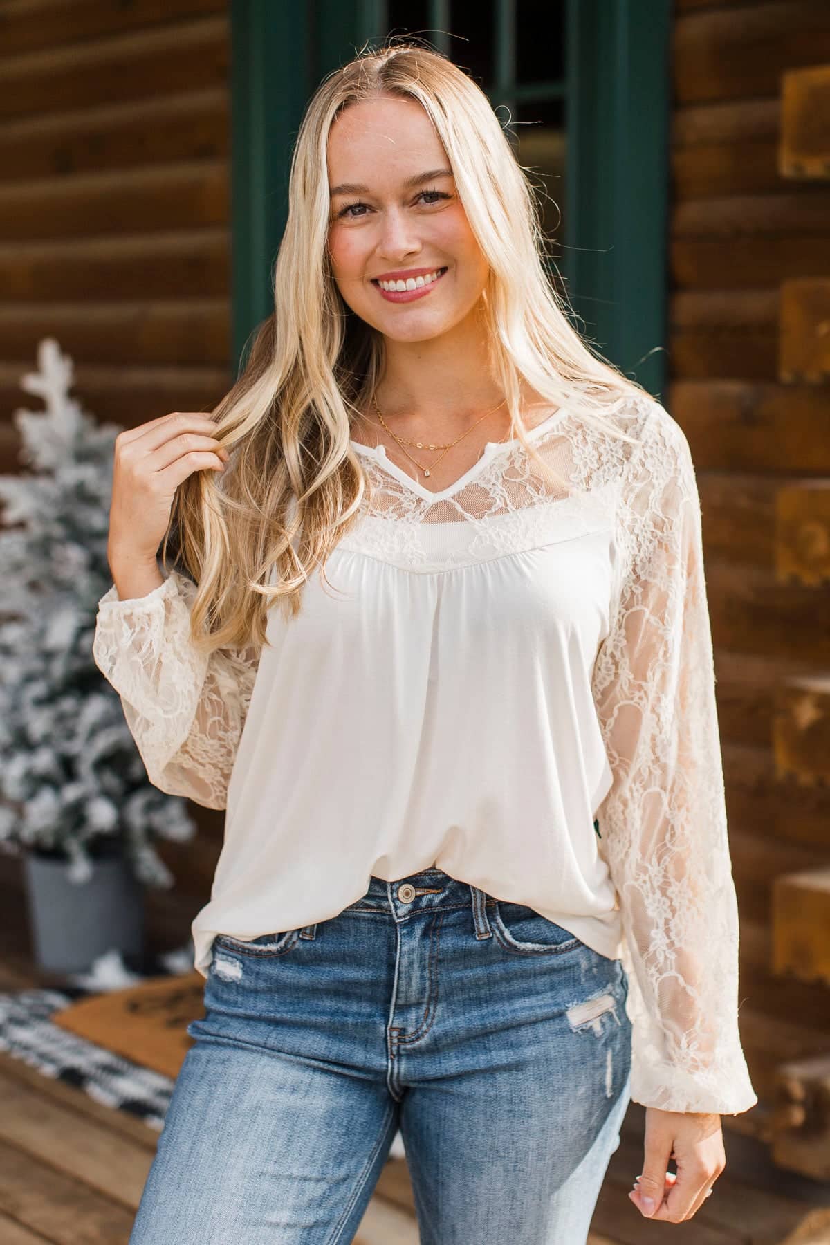 Whirlwind Romance Lace Sleeve Top- Ivory
