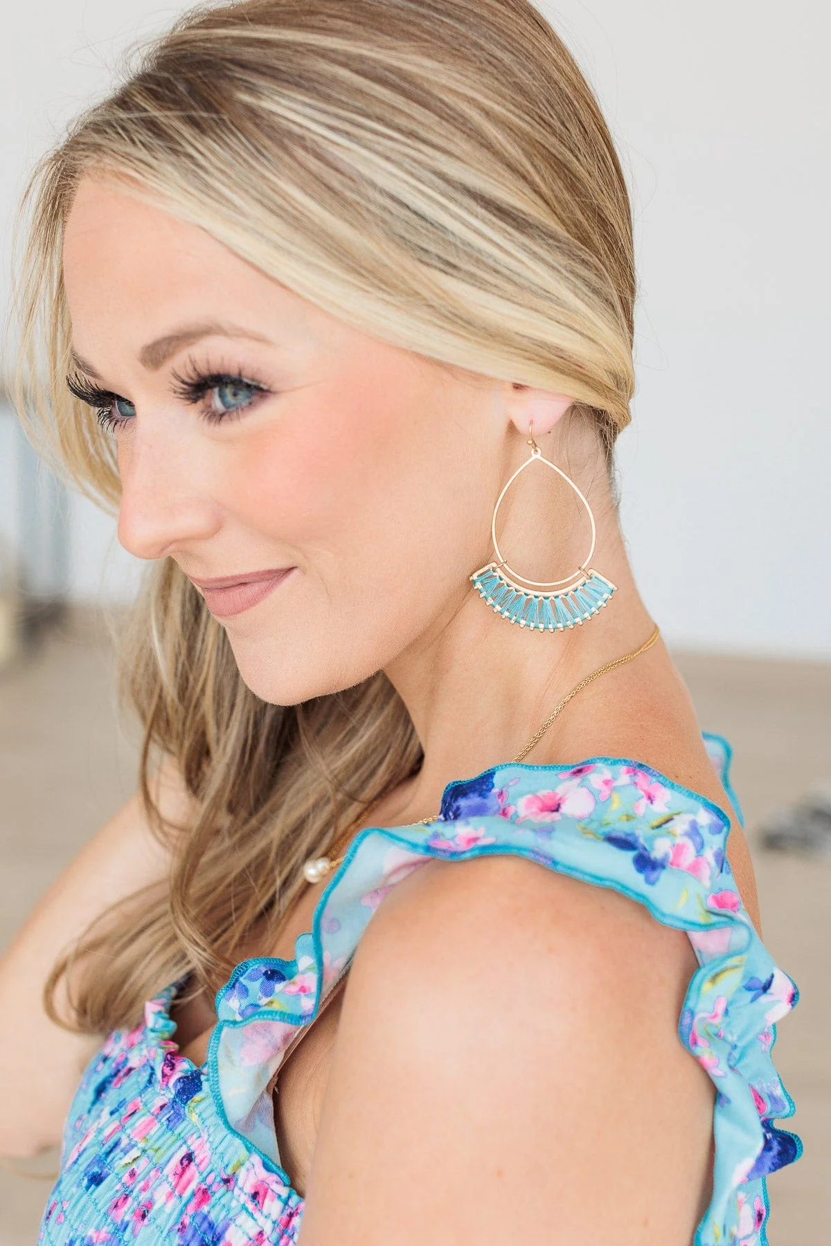 Save The Drama Gold Dangle Earrings- Turquoise - Image 3
