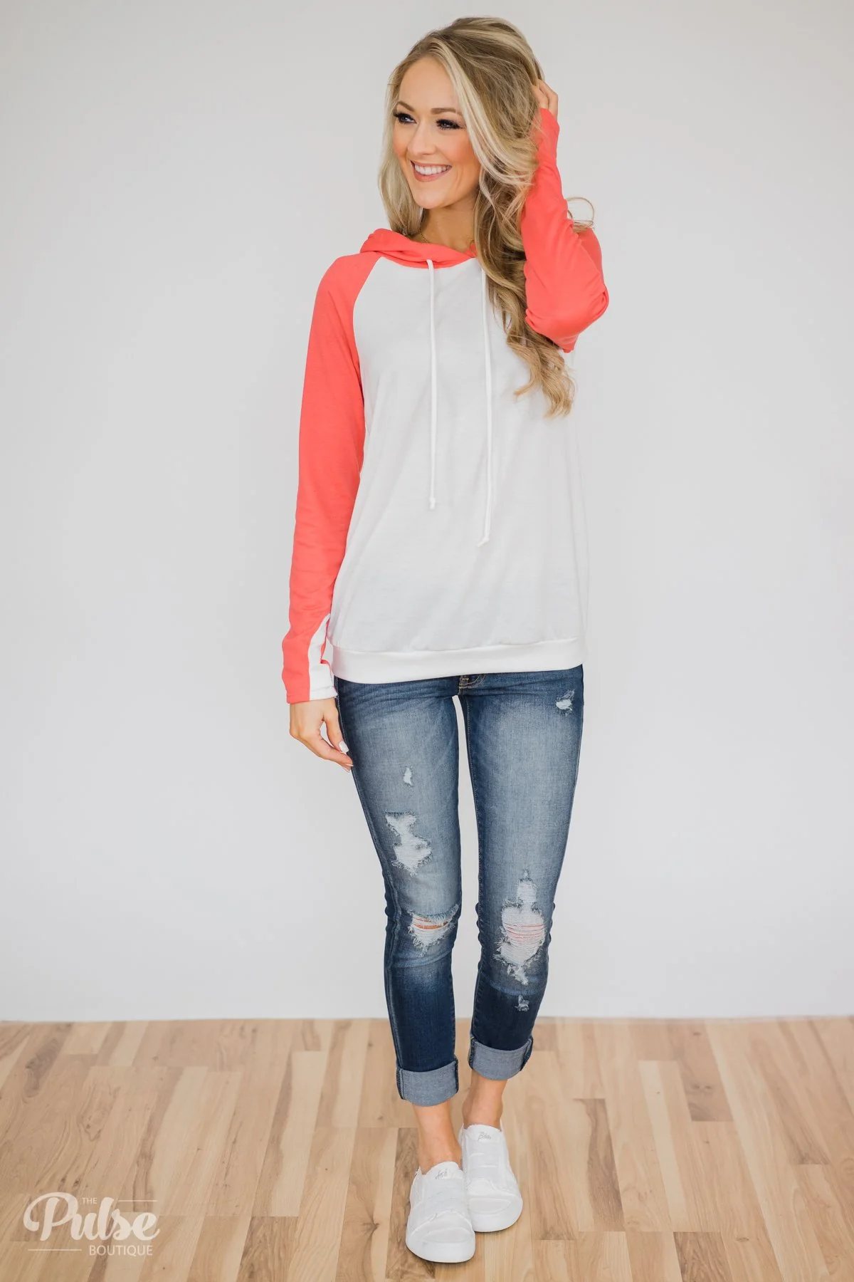 White & Coral Baseball Hoodie - Image 6