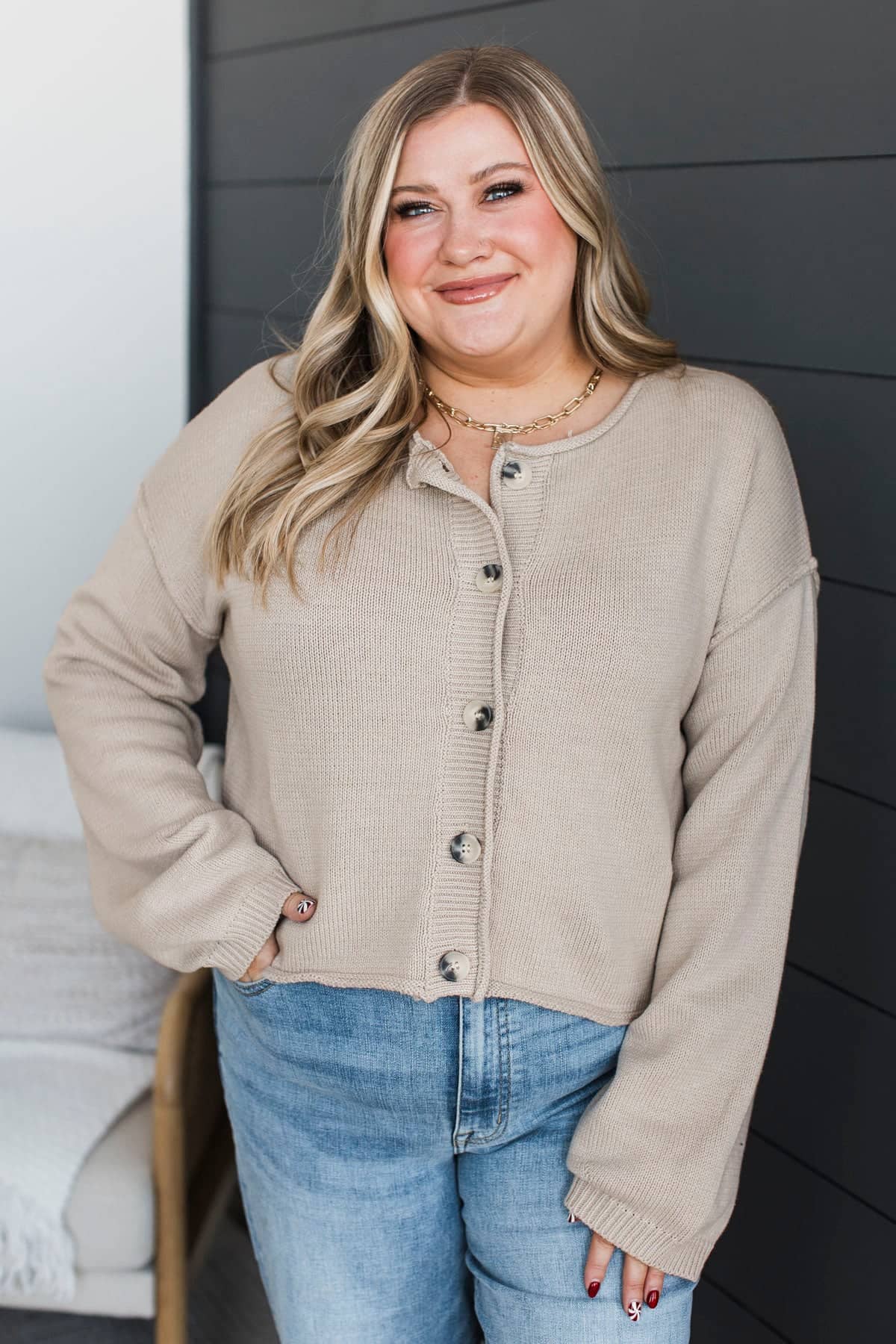 Whole New Outlook Button Cardigan- Taupe - Image 4