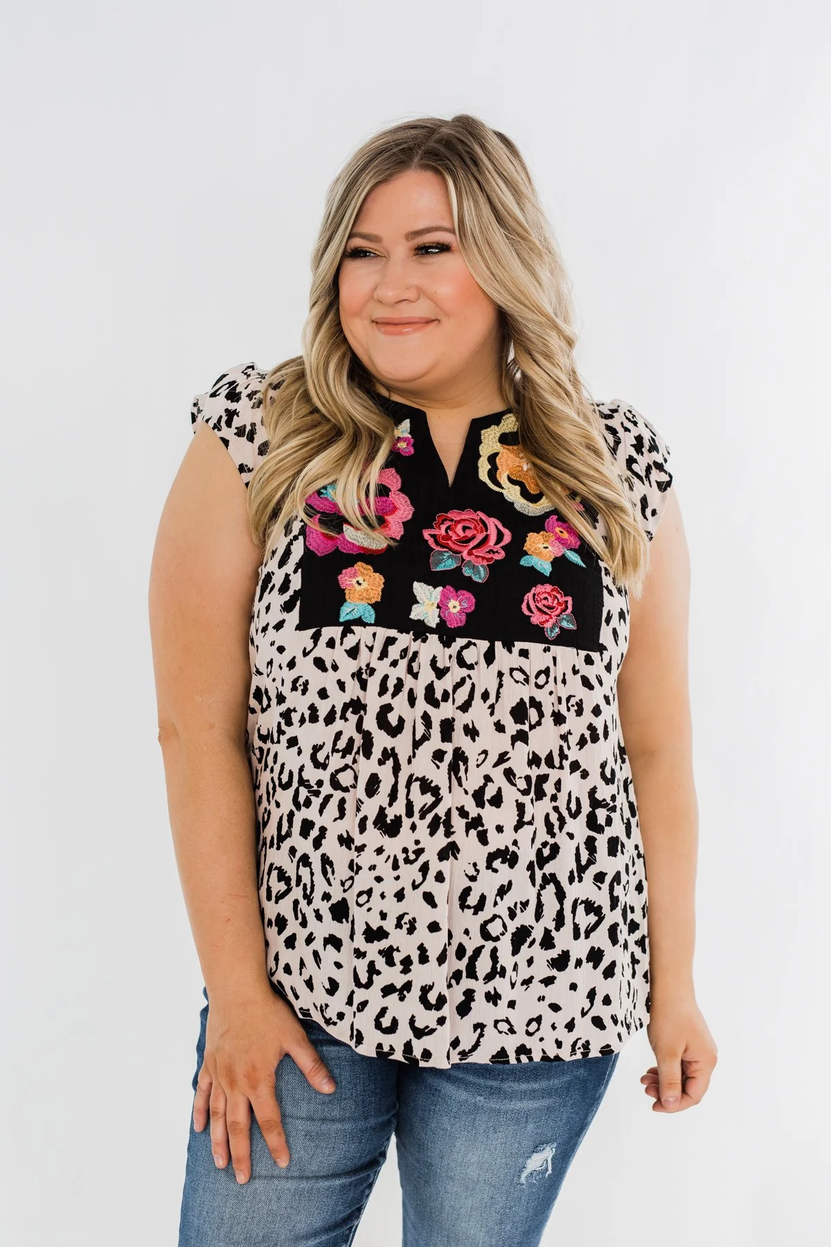 Wild Blooms Embroider & Leopard Top- Black & Pink - Image 2