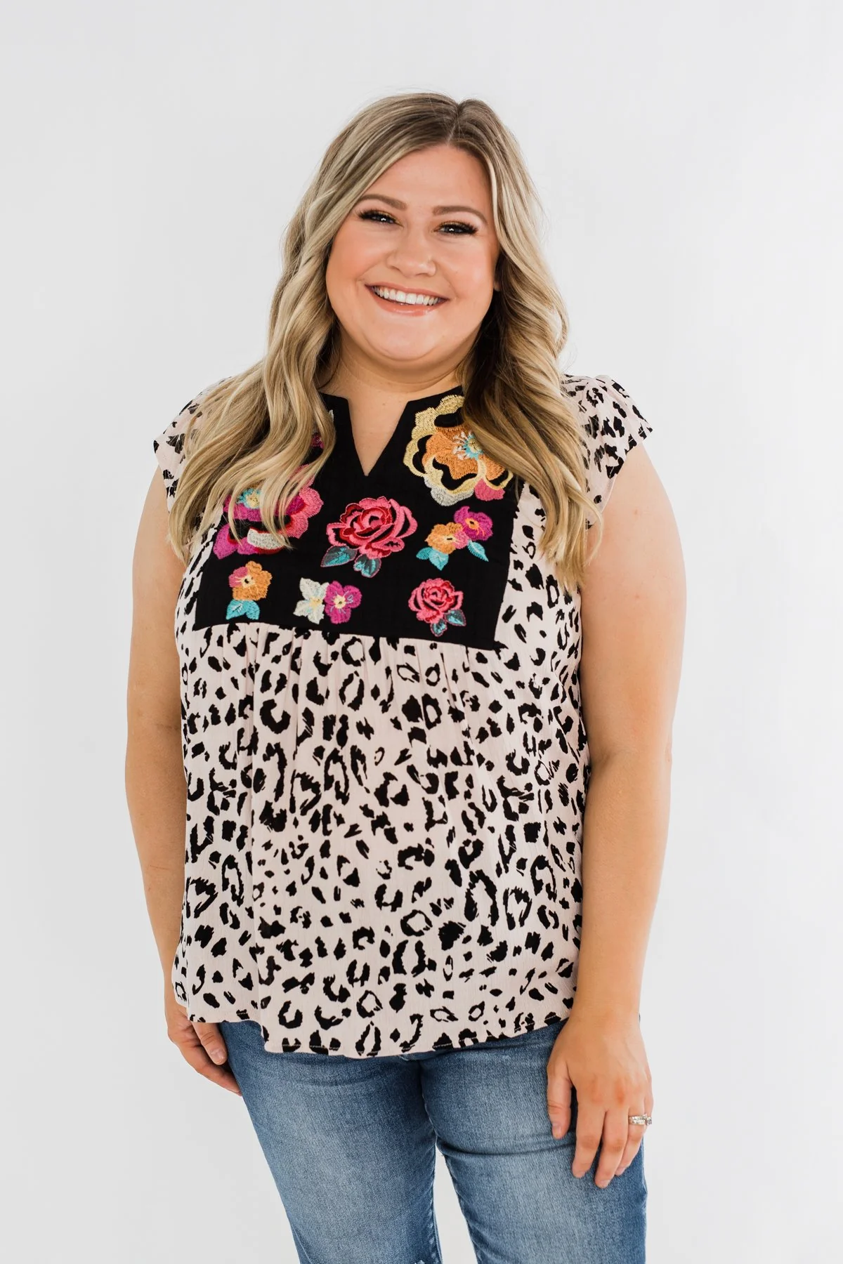 Wild Blooms Embroider & Leopard Top- Black & Pink - Image 4