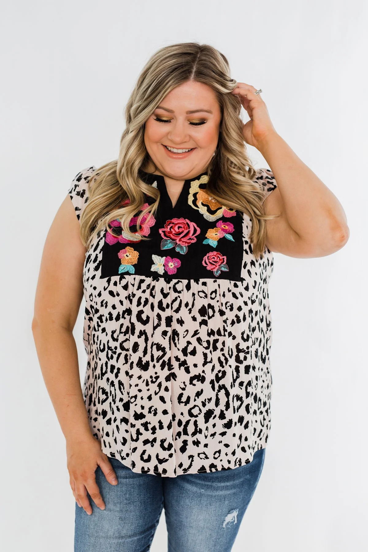 Wild Blooms Embroider & Leopard Top- Black & Pink - Image 9