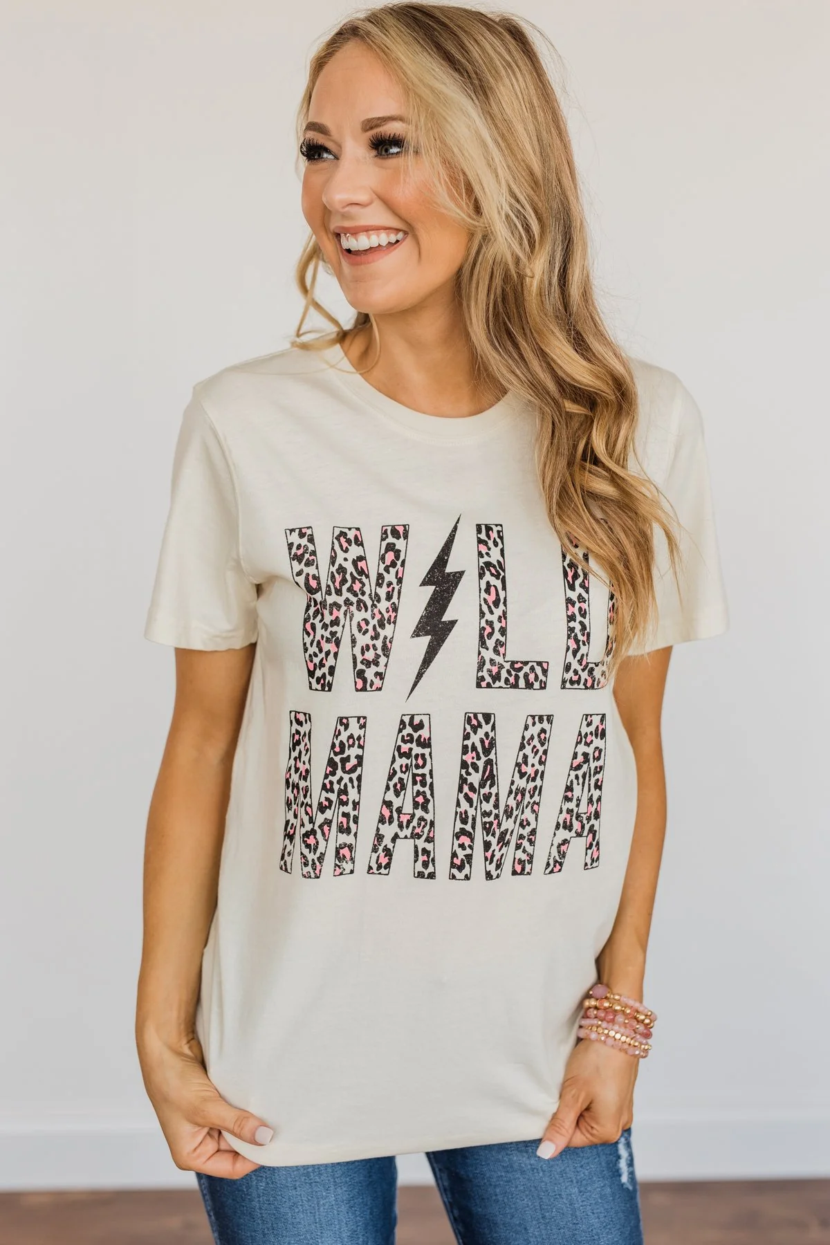 "Wild Mama" Lightning Bolt Graphic Tee- Light Cream