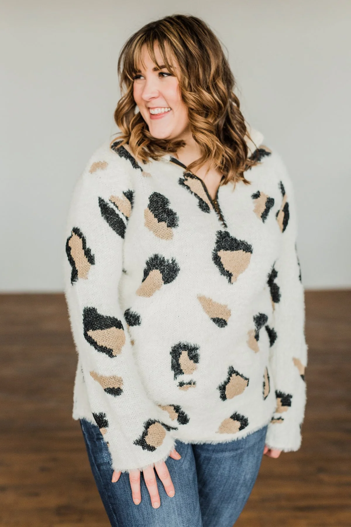 Wild One Animal Print Quarter Zip Pullover- Ivory, Black, Taupe - Image 2