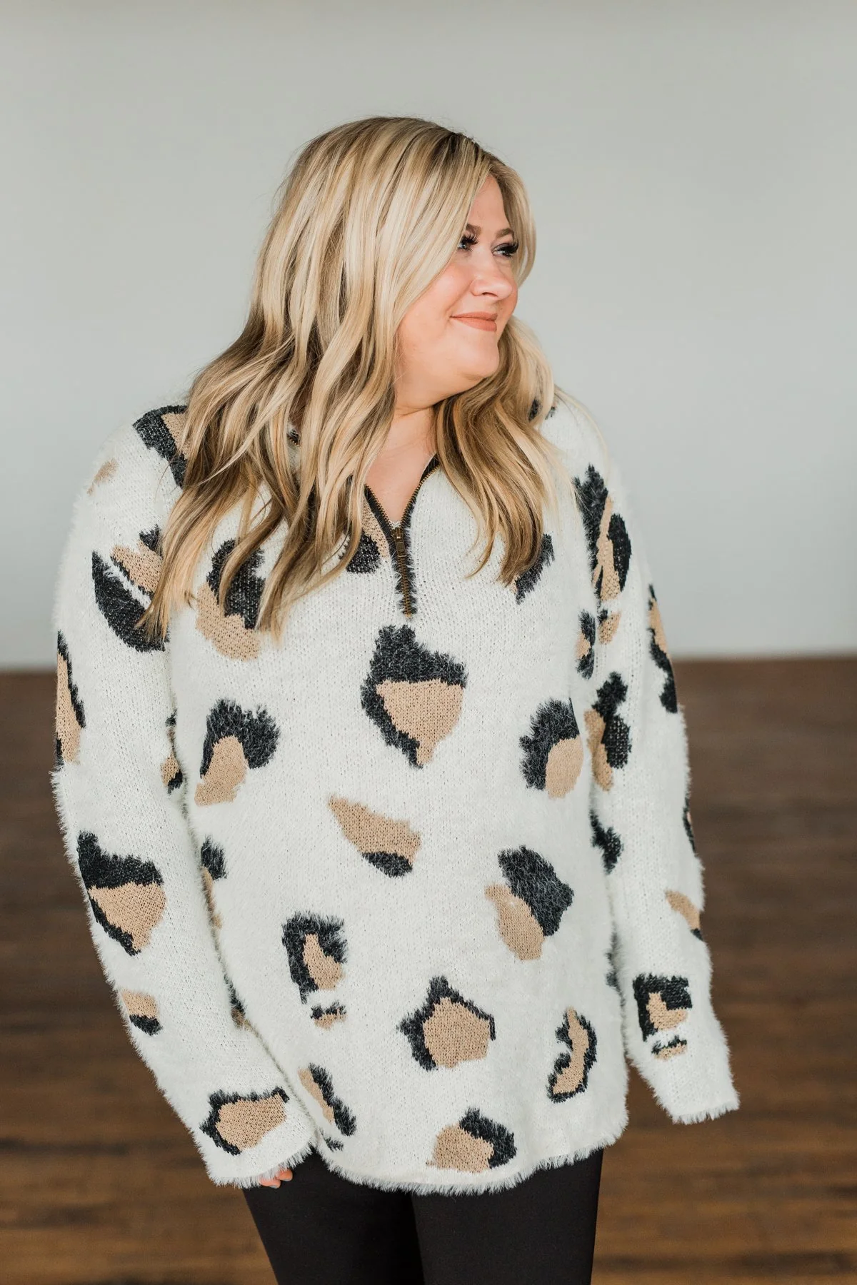 Wild One Animal Print Quarter Zip Pullover- Ivory, Black, Taupe - Image 8