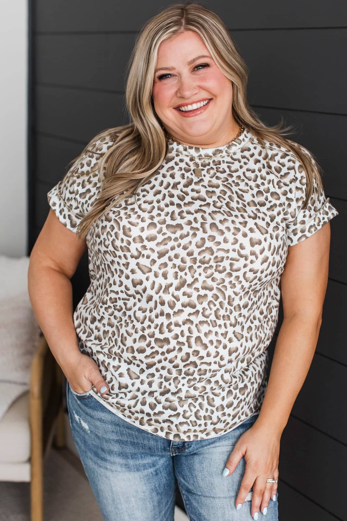 Wild Times Short Sleeve Animal Print Top- Ivory & Taupe - Image 2