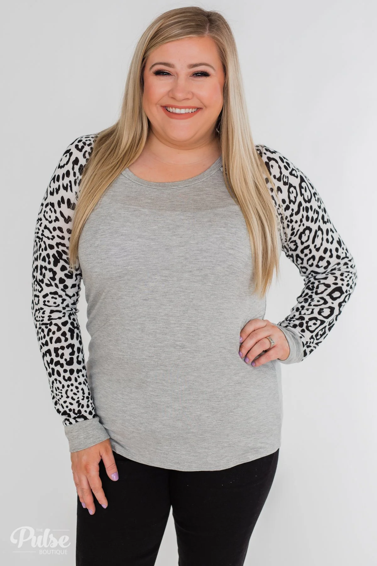 Wildest Dreams Leopard Long Sleeve Top- Heather Grey & White - Image 2