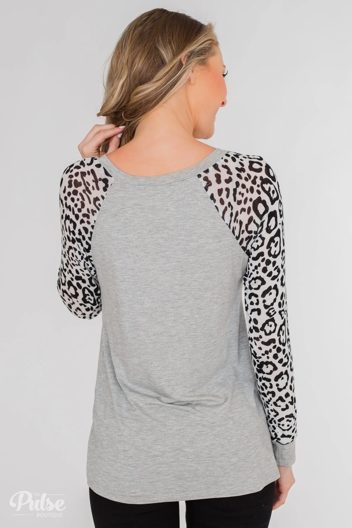 Wildest Dreams Leopard Long Sleeve Top- Heather Grey & White - Image 8