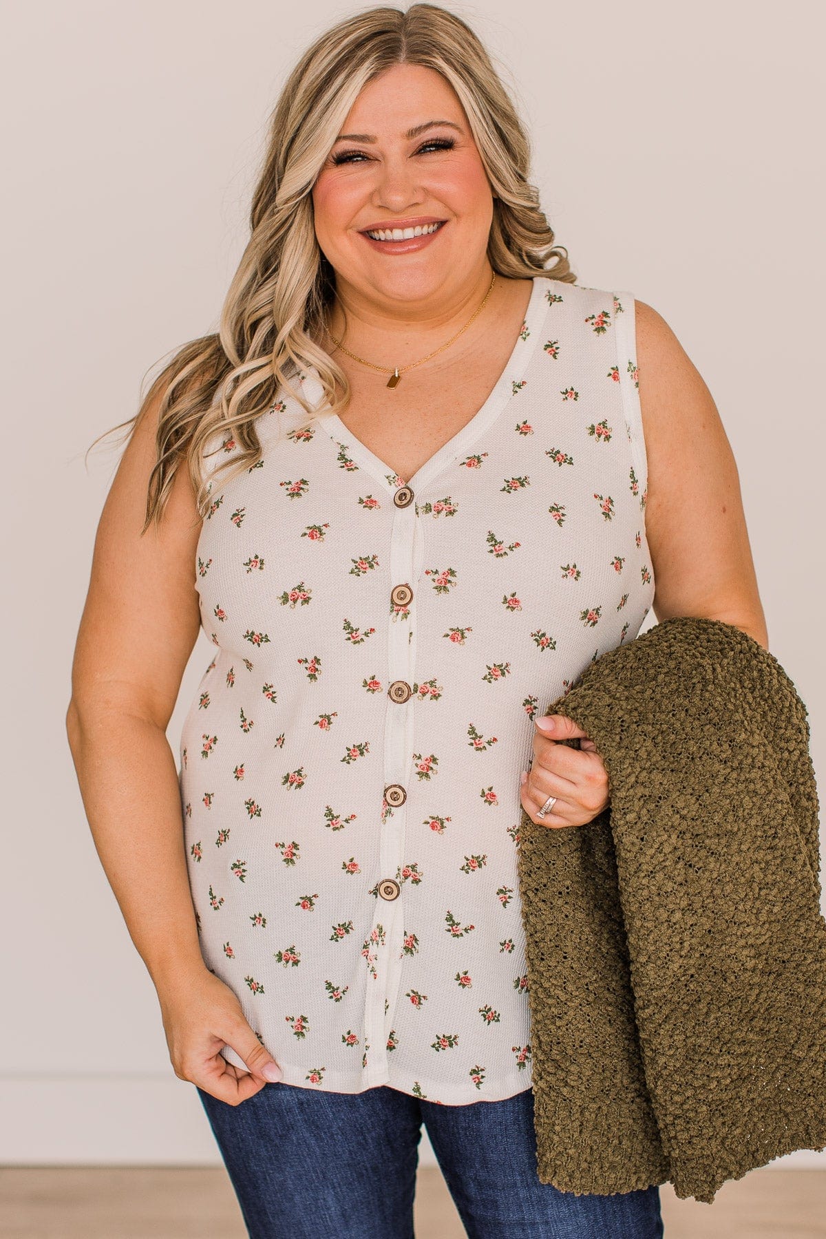 Wildflowers Bloom Floral Tank Top- Ivory & Pink - Image 2