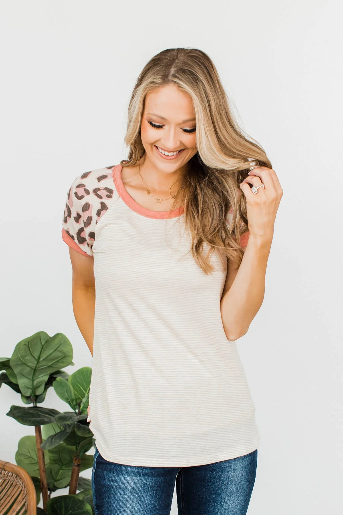 Wildly Effortless Short Sleeve Top- Beige & Pink - Image 4
