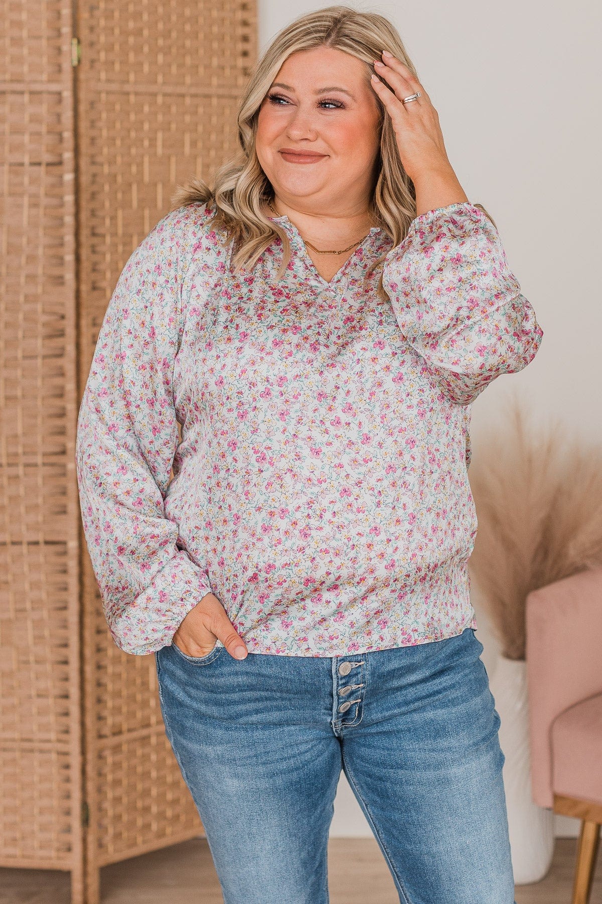 Win My Heart Long Sleeve Floral Blouse- Off-White - Image 4