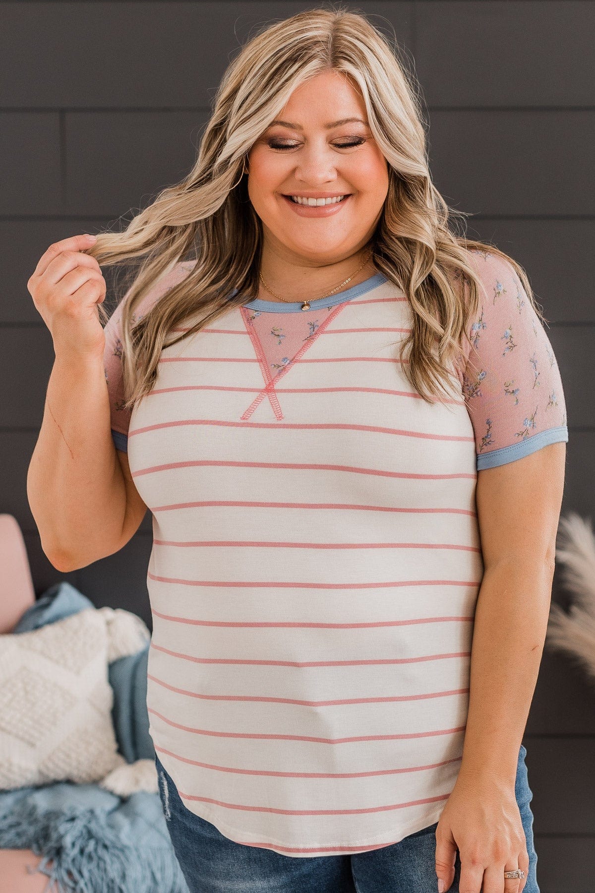 Win You Over Short Sleeve Raglan Top- Ivory & Pink - Image 3