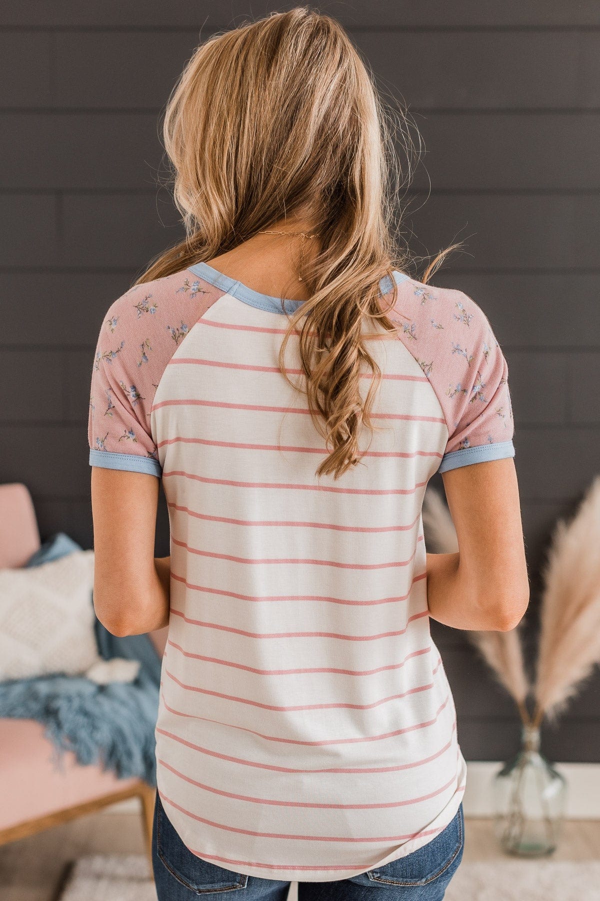 Win You Over Short Sleeve Raglan Top- Ivory & Pink - Image 7