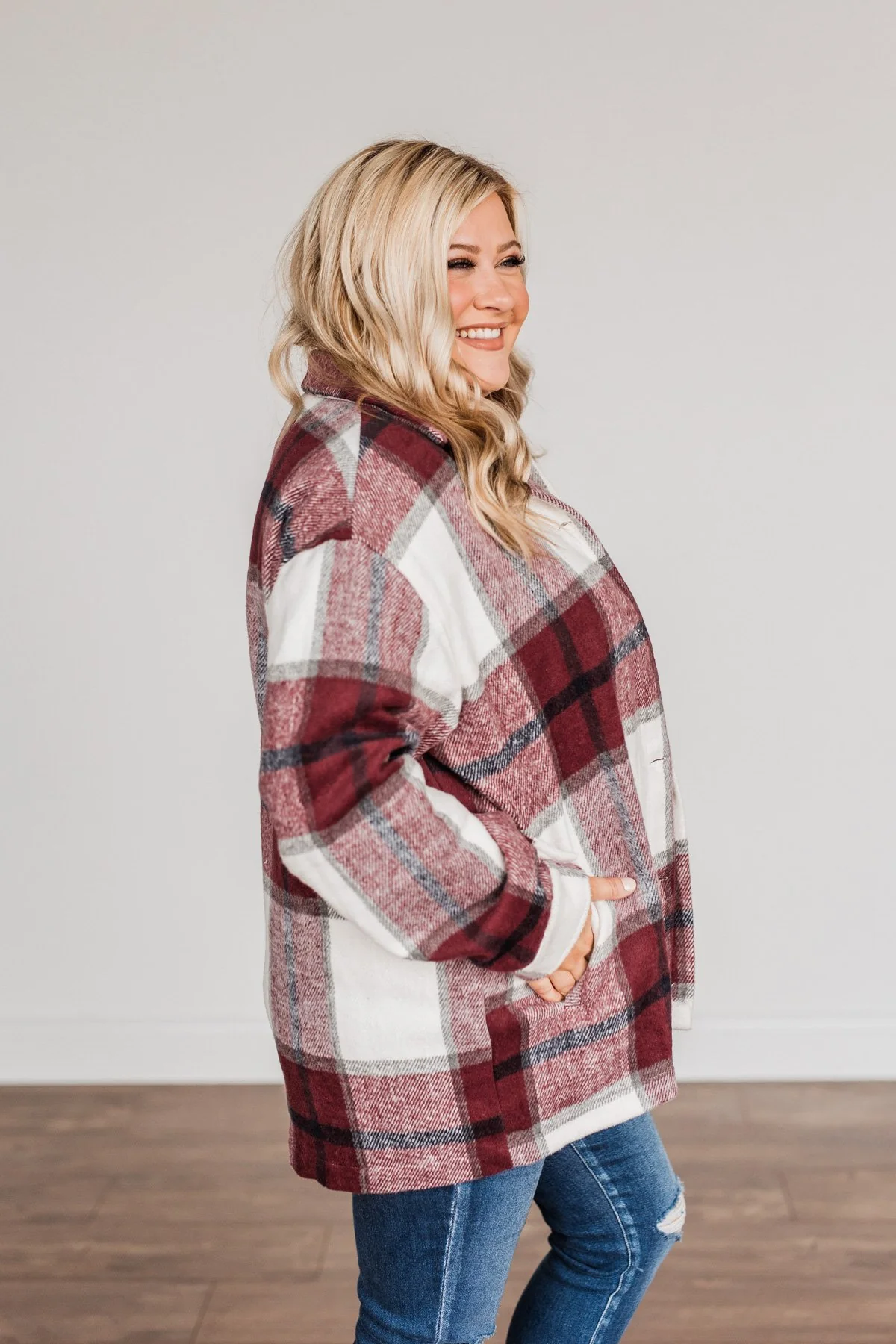 Winter Blessing Plaid Jacket- Burgundy & Ivory - Image 8