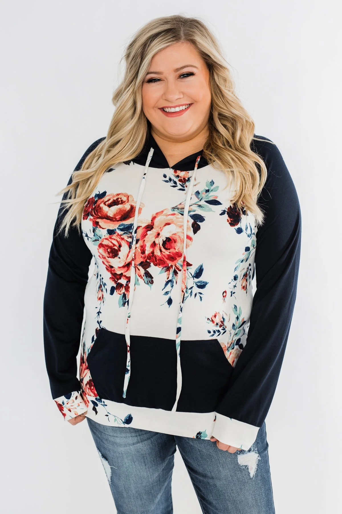 Winter Blooms Floral Hoodie- Navy & Ivory - Image 3