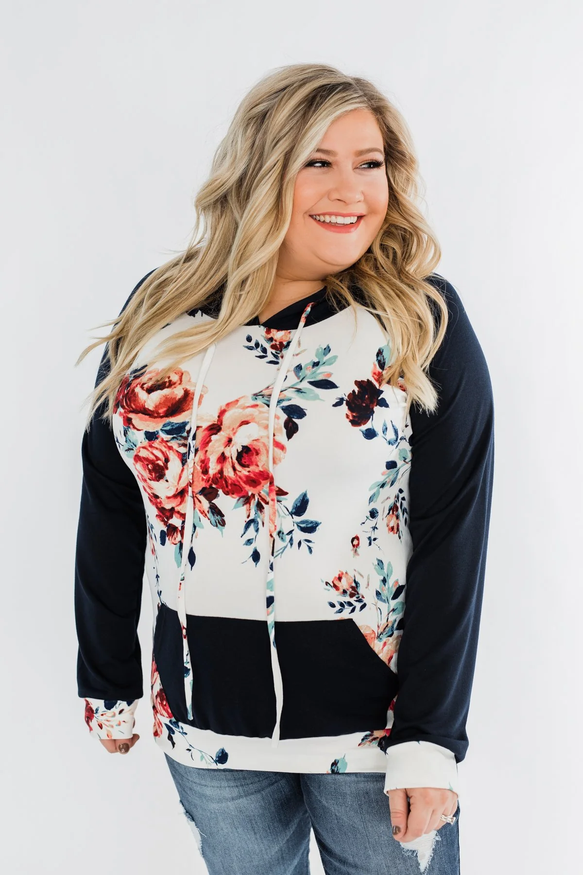 Winter Blooms Floral Hoodie- Navy & Ivory - Image 7