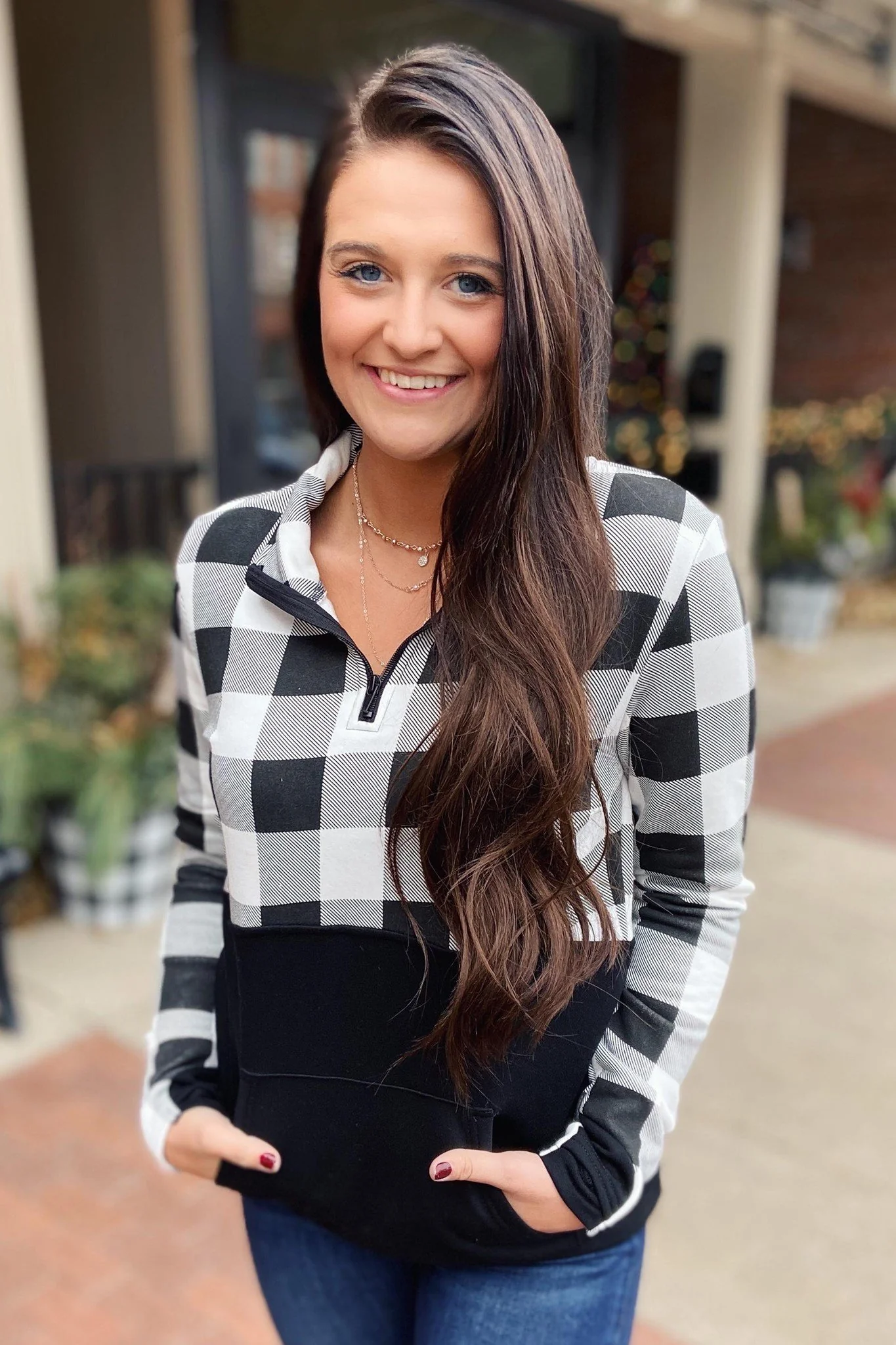 Winter Cheer Color Block Pullover- White Buffalo Plaid - Image 2