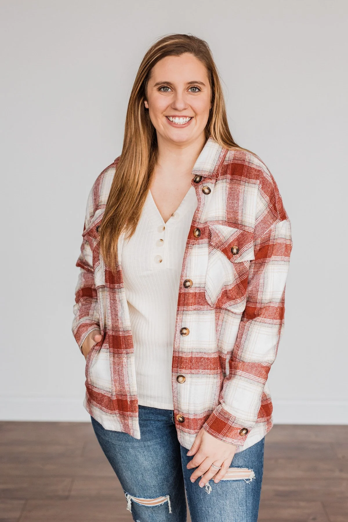 Winter Days Plaid Button Down Jacket- Red & Ivory - Image 2