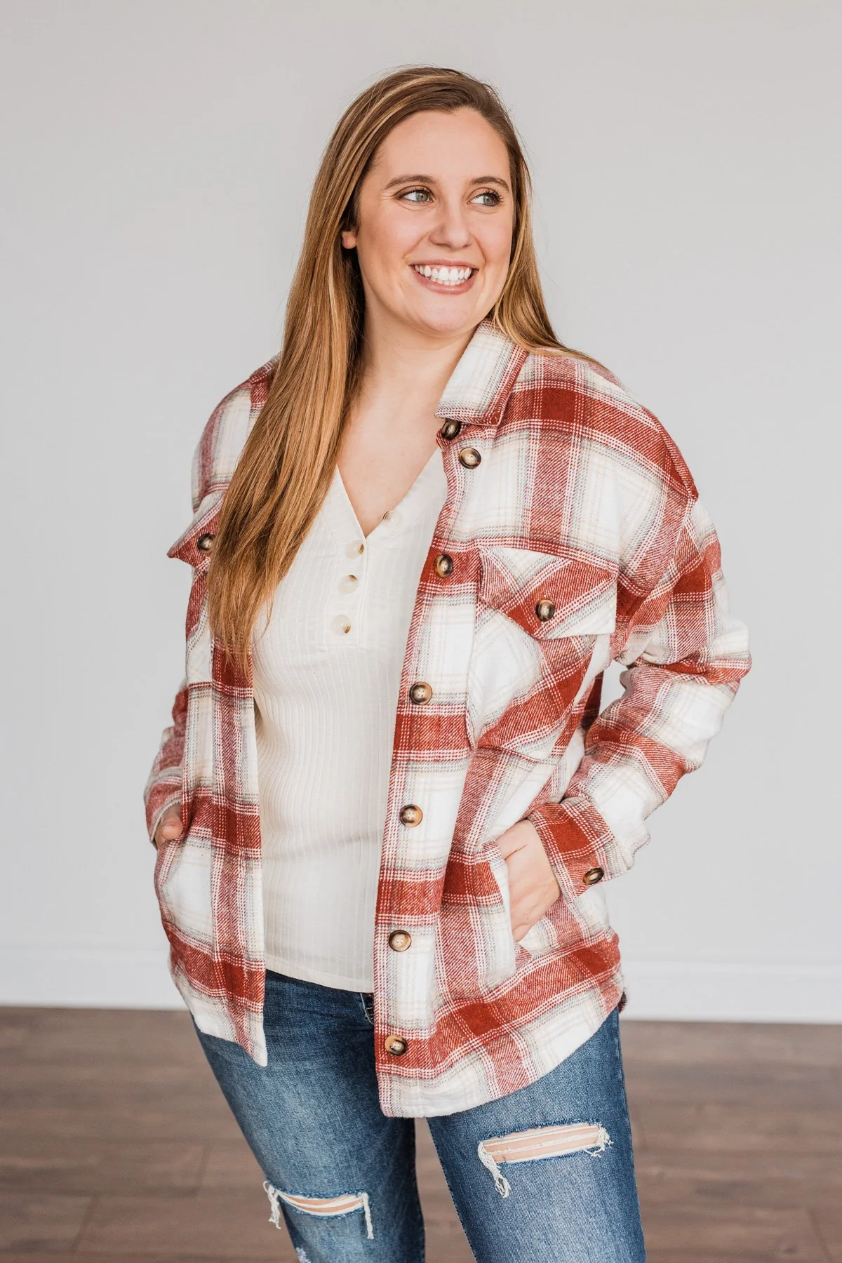 Winter Days Plaid Button Down Jacket- Red & Ivory - Image 8