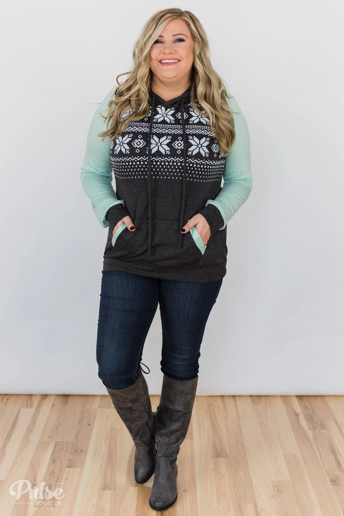 Winter Is Coming Snowflake Hoodie- Mint & Charcoal - Image 4