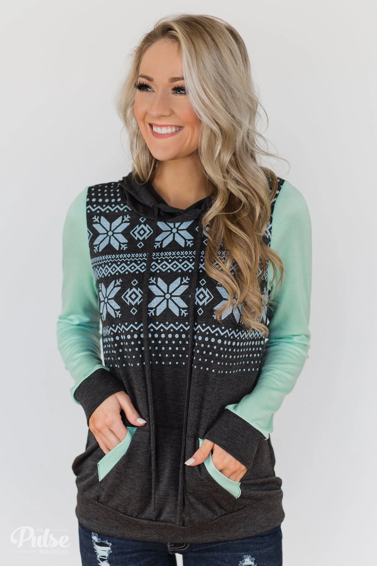 Winter Is Coming Snowflake Hoodie- Mint & Charcoal - Image 6