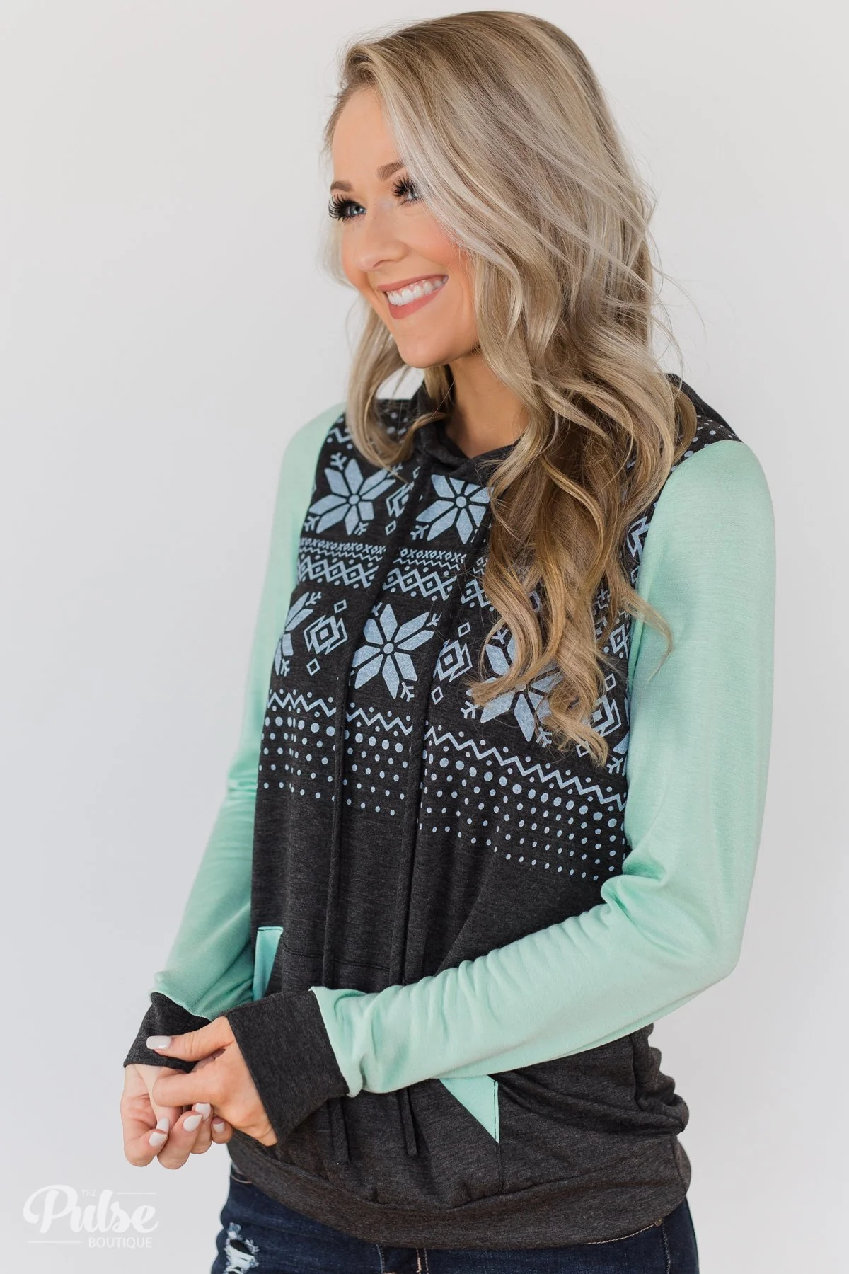 Winter Is Coming Snowflake Hoodie- Mint & Charcoal - Image 7