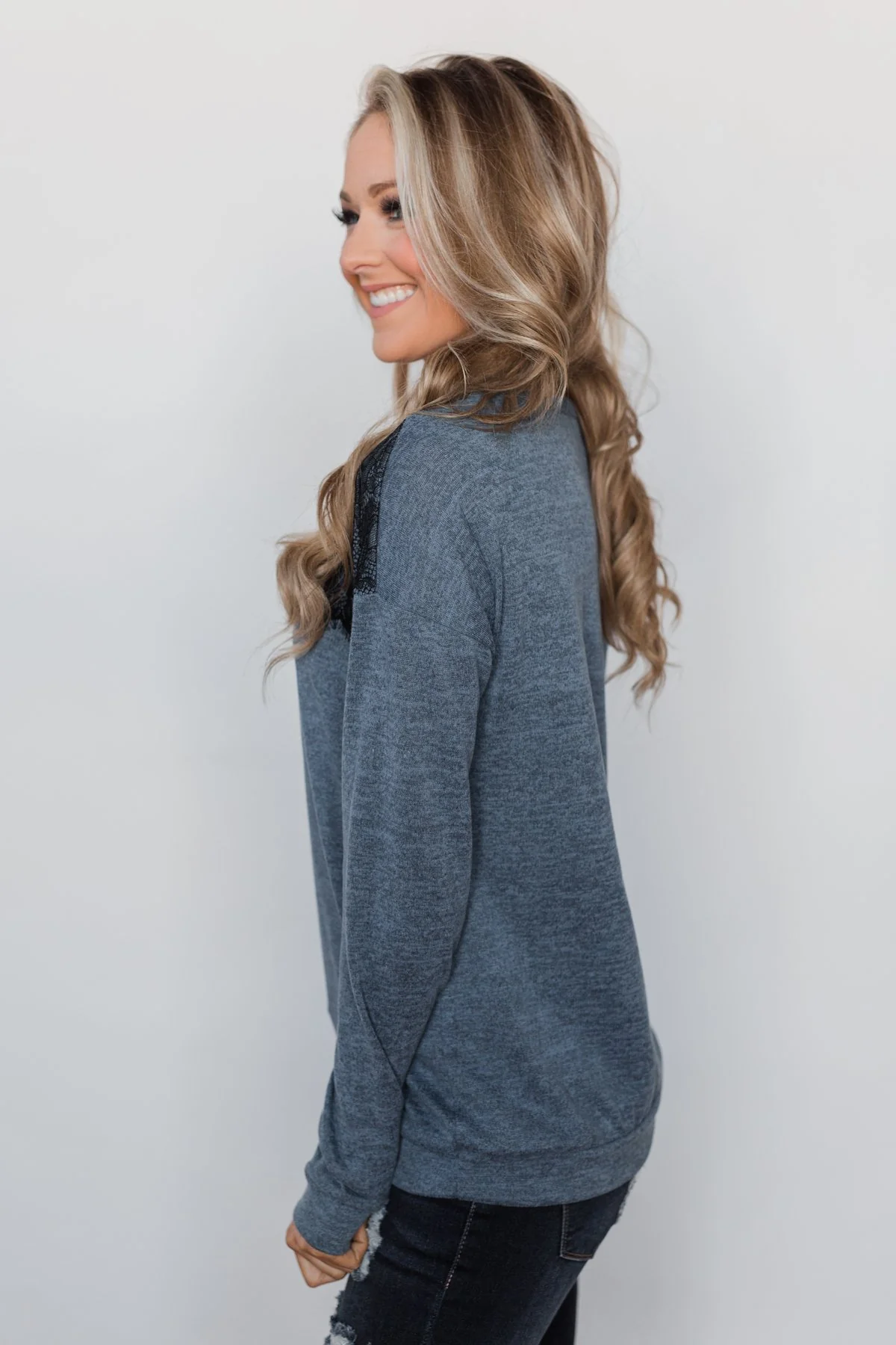 Winter Nights Lace Trimmed Top - Slate Blue - Image 5