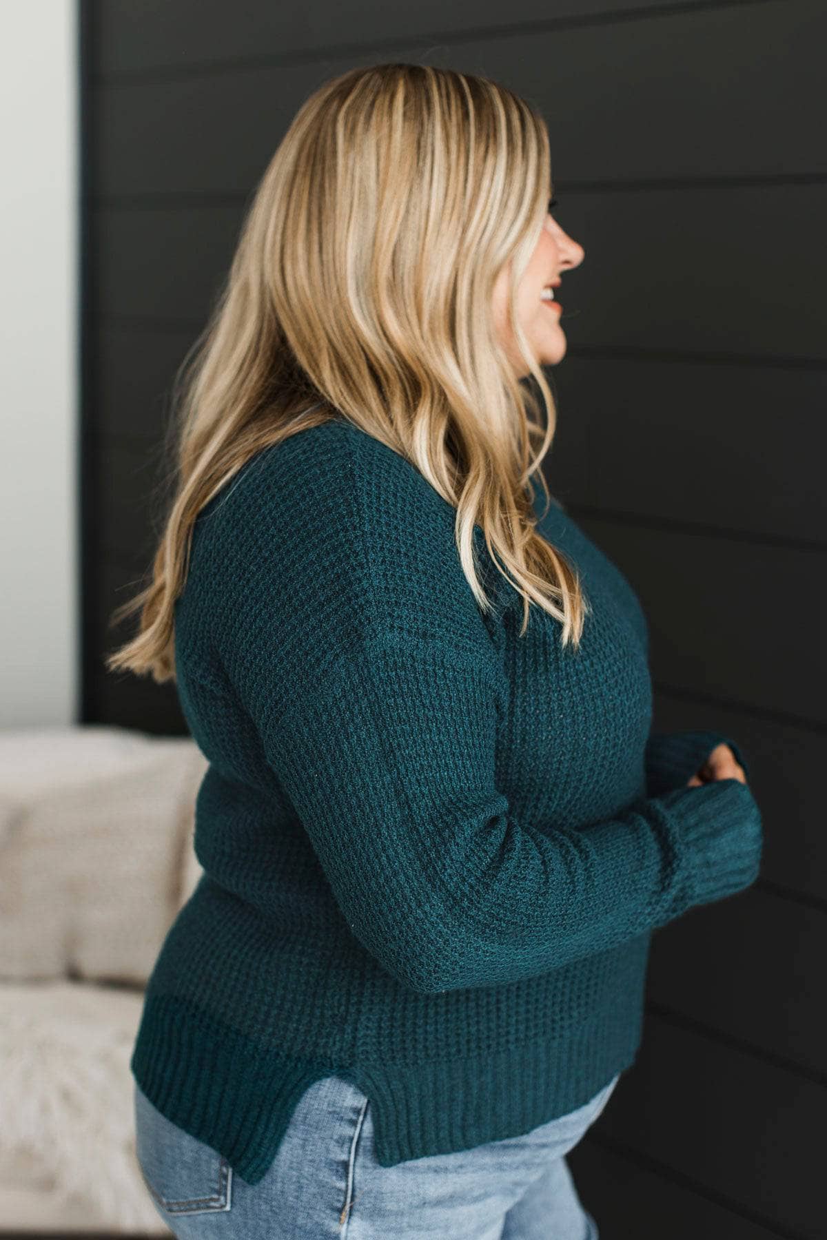 Wish You'd Stay Waffle Knit Sweater- Teal - Image 4