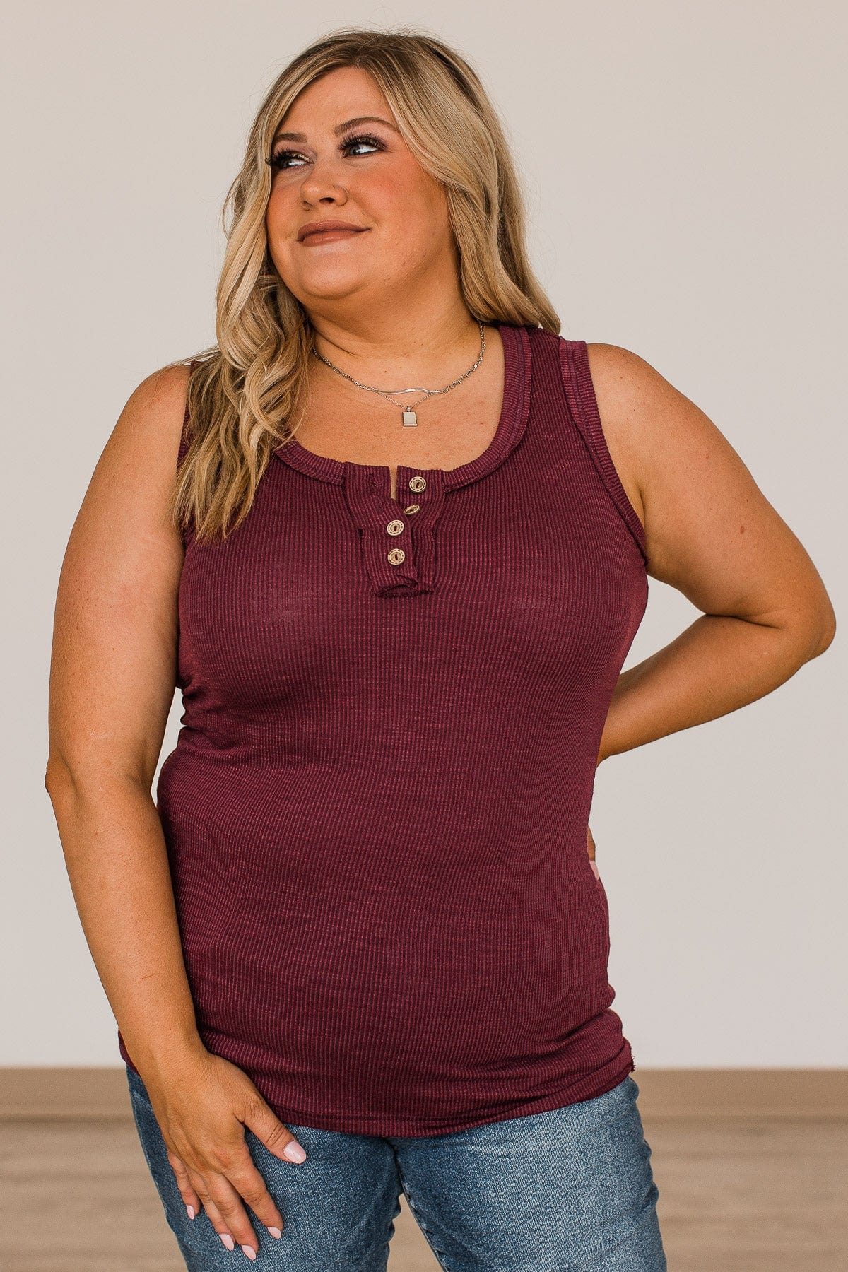 Wishful Thinking Button Henley Tank Top- Burgundy - Image 3