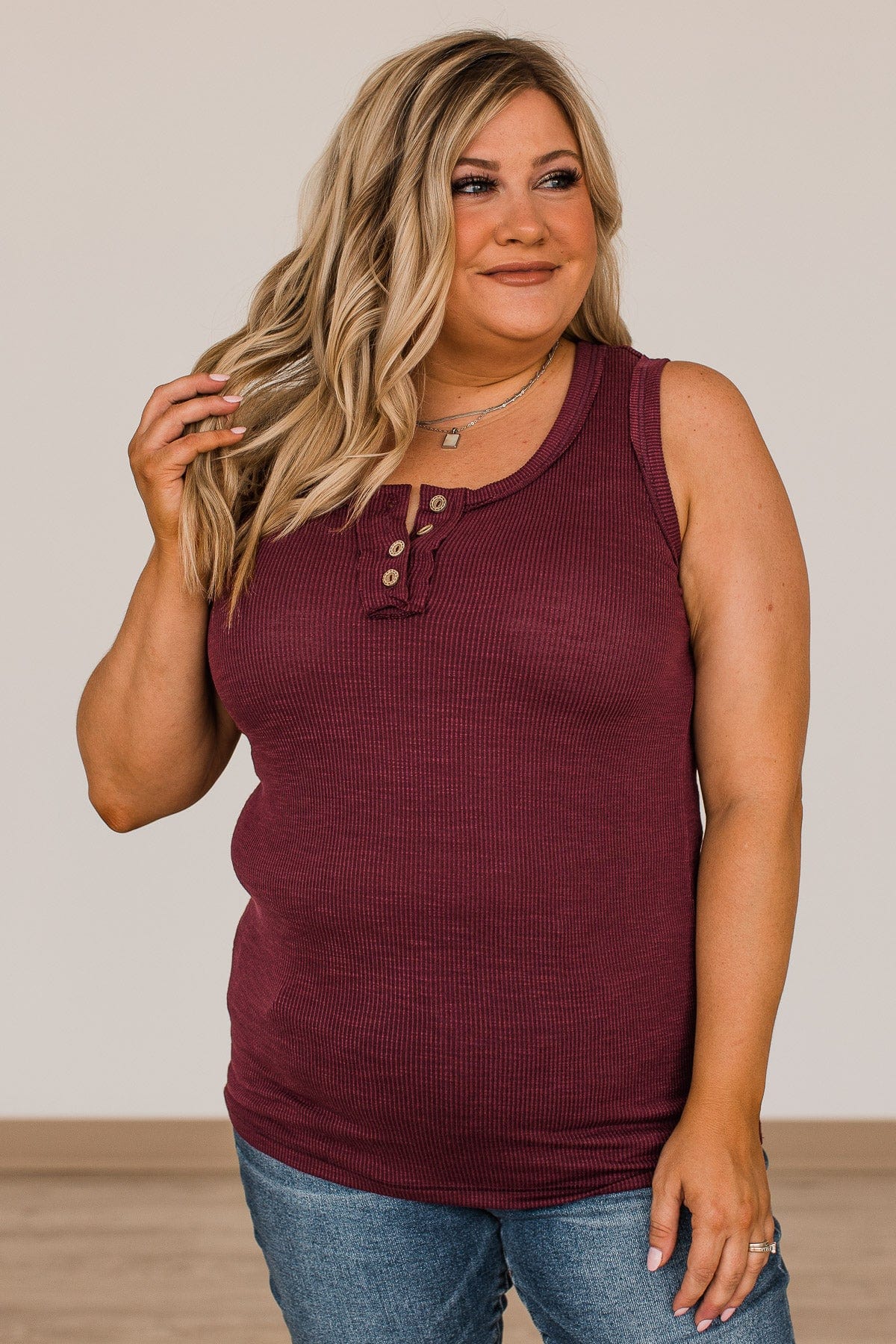 Wishful Thinking Button Henley Tank Top- Burgundy - Image 5
