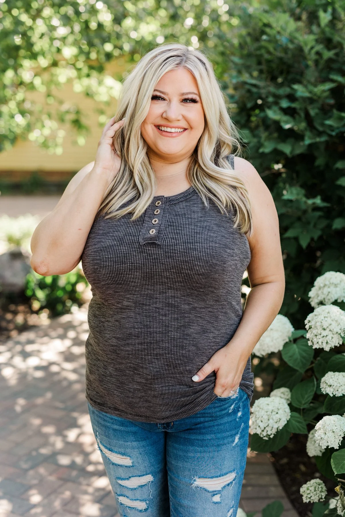 Wishful Thinking Button Henley Tank Top- Heathered Black - Image 4