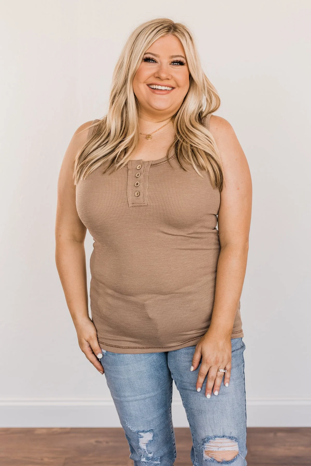 Wishful Thinking Button Henley Tank Top- Mocha - Image 6