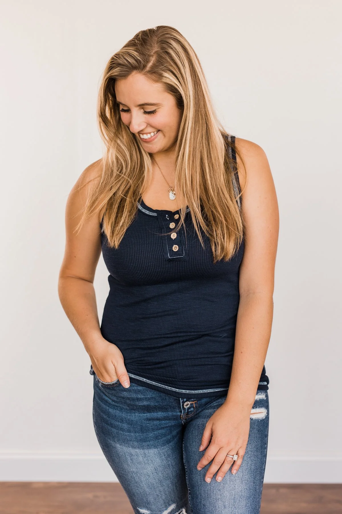 Wishful Thinking Button Henley Tank Top- Navy - Image 6