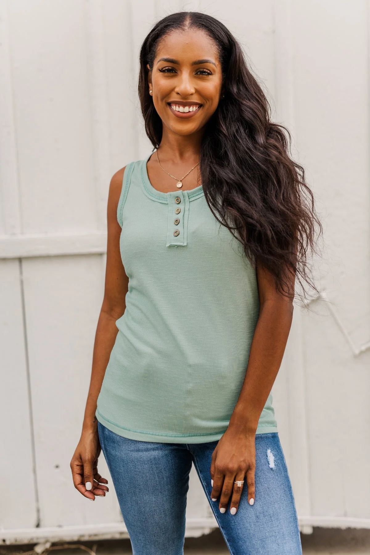 Wishful Thinking Button Henley Tank Top- Seafoam - Image 4