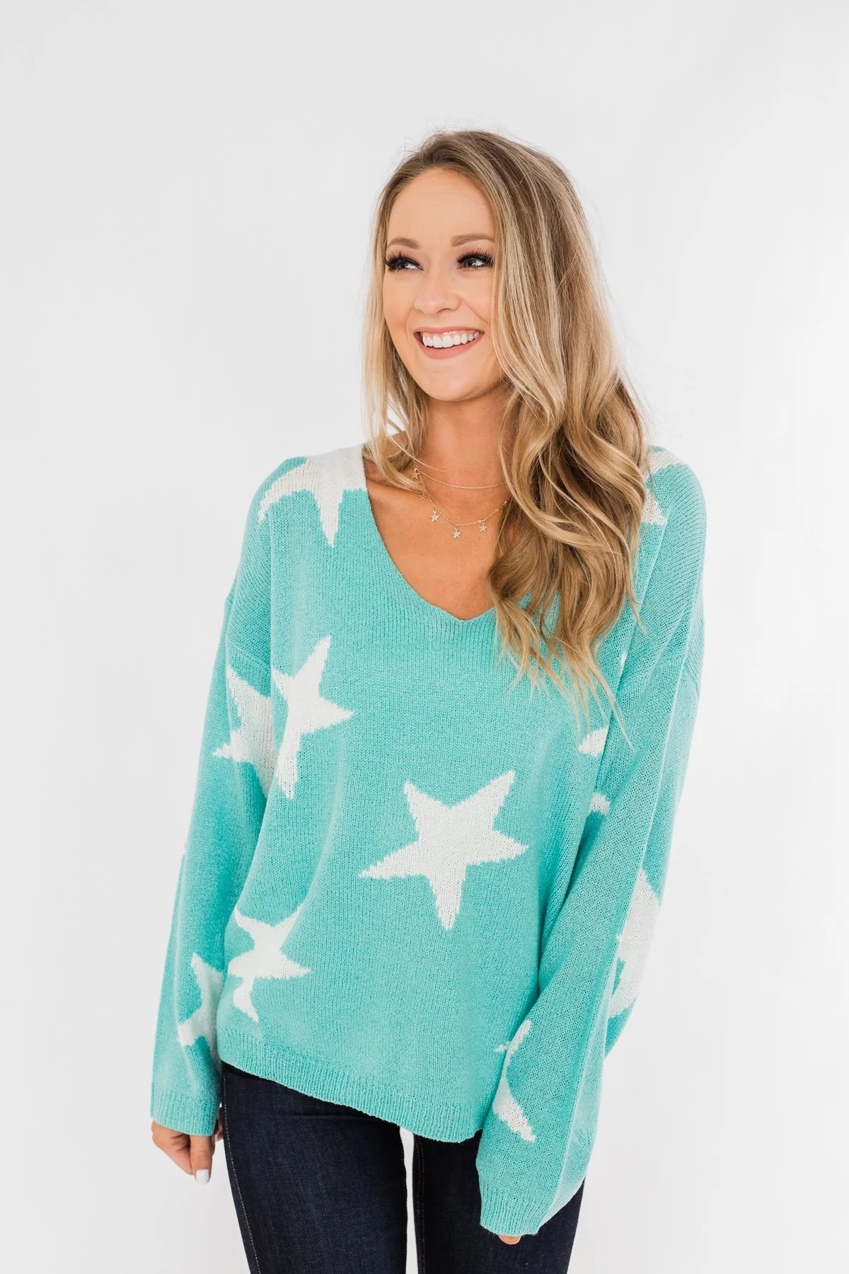 Wishing On A Star Knitted Sweater- Aqua Blue - Image 3