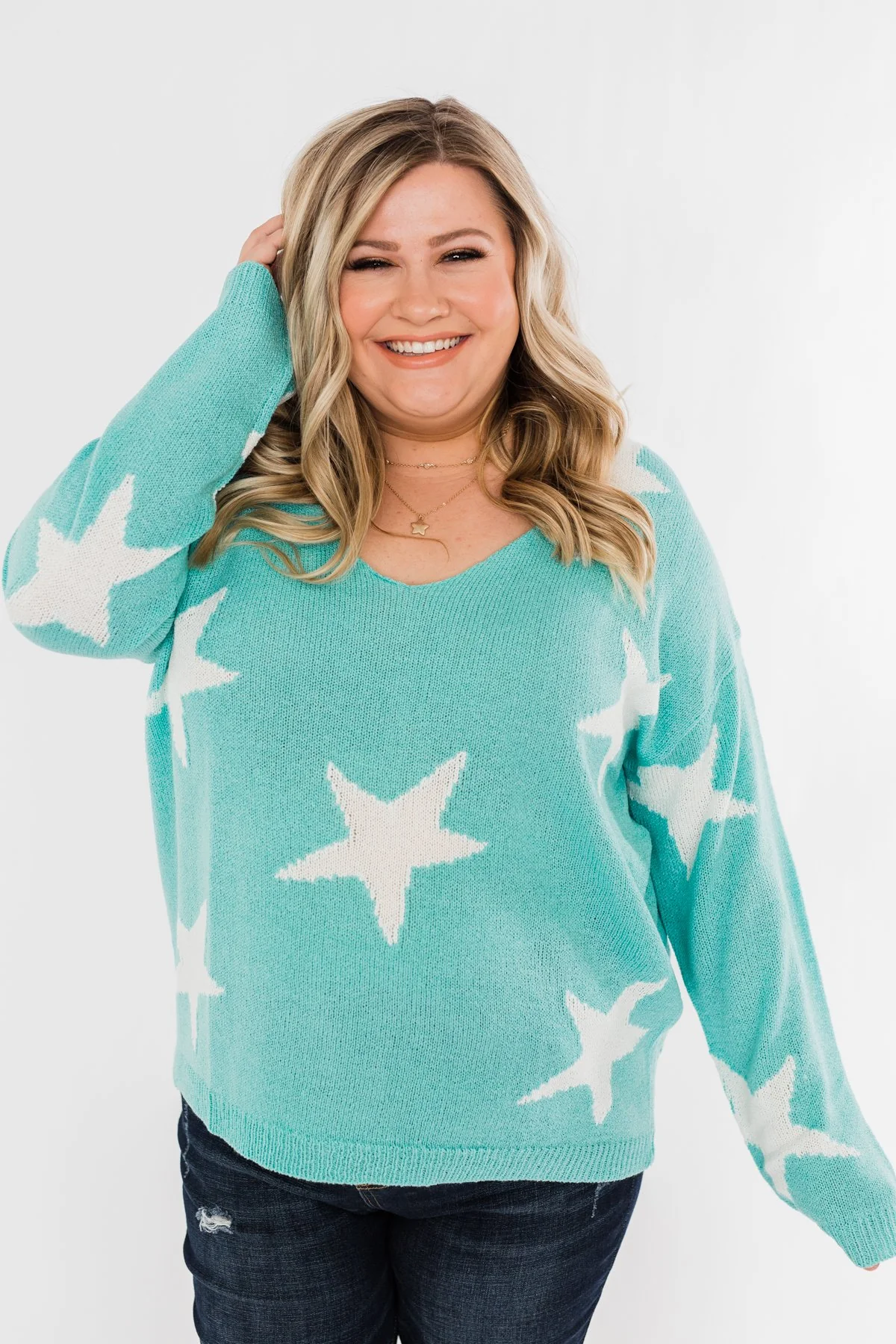 Wishing On A Star Knitted Sweater- Aqua Blue - Image 4
