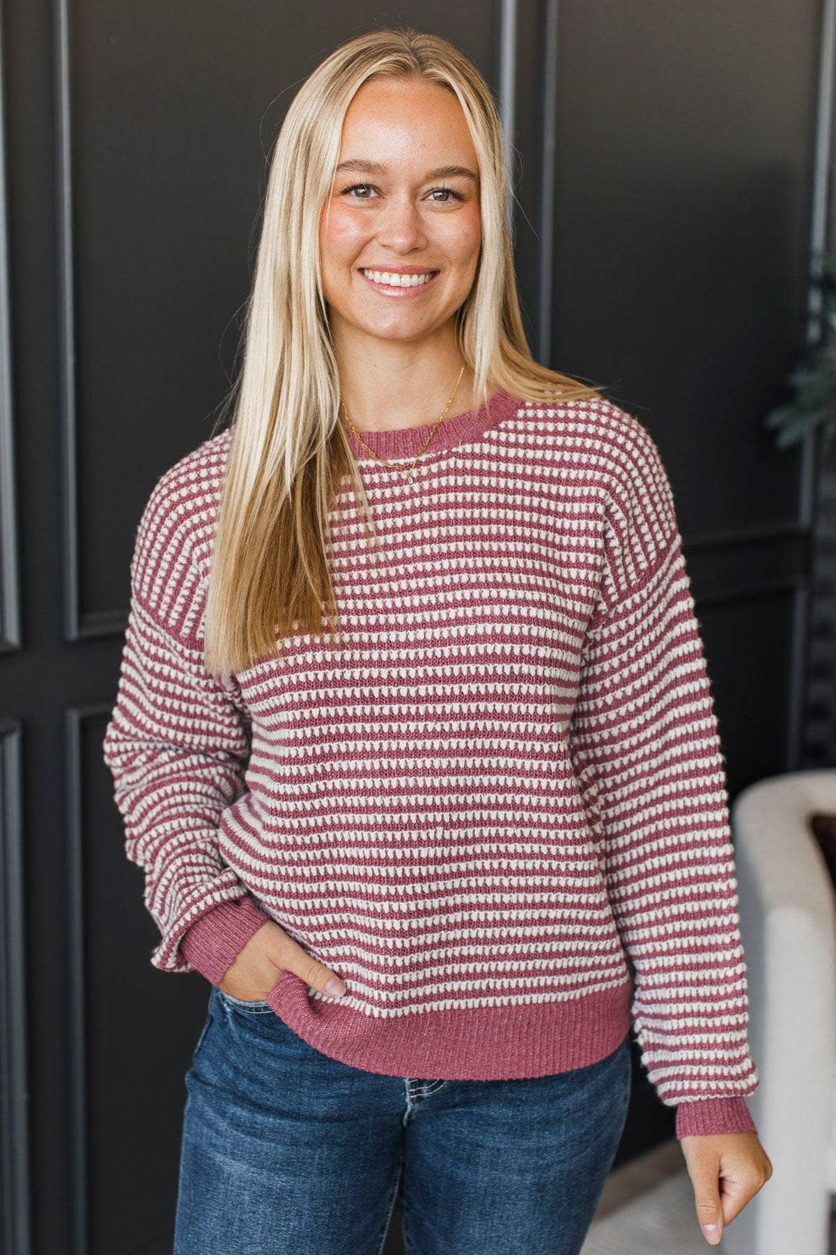 With A Little Luck Waffle Knit Sweater- Dark Rose - Image 2