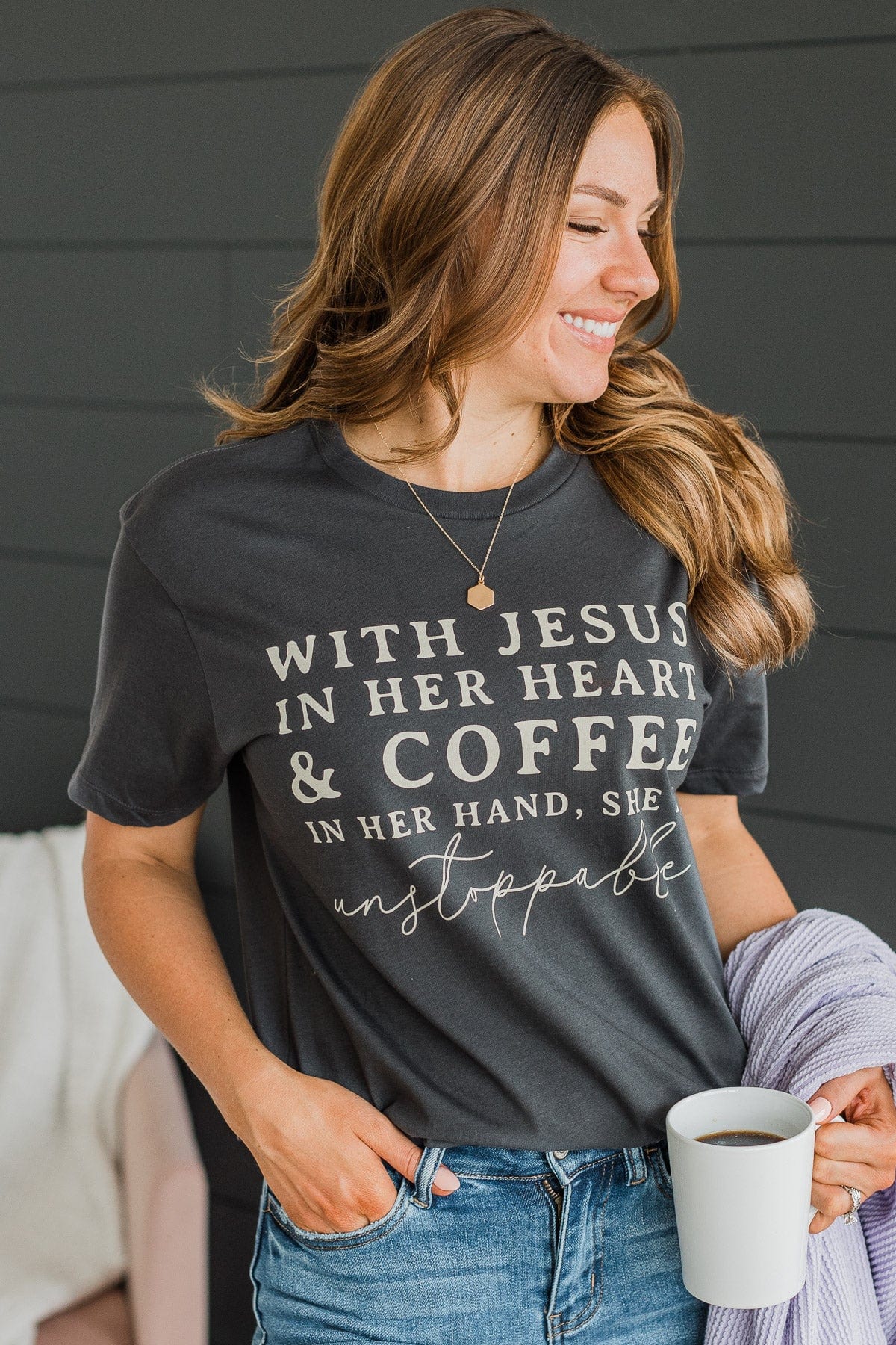"With Jesus In Her Heart" Graphic Tee- Charcoal - Image 2