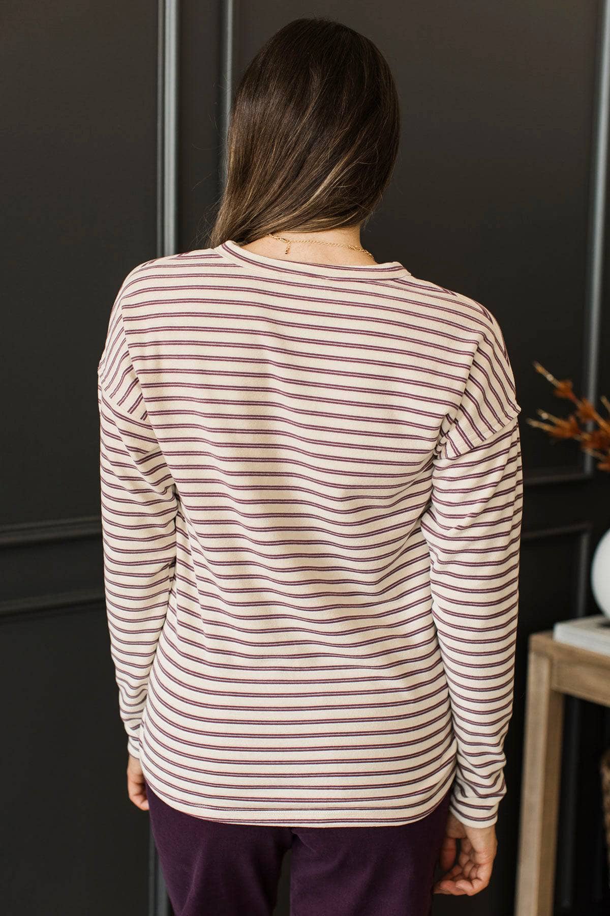 With Much Love Striped V-Neck Top- Ivory & Plum - Image 7