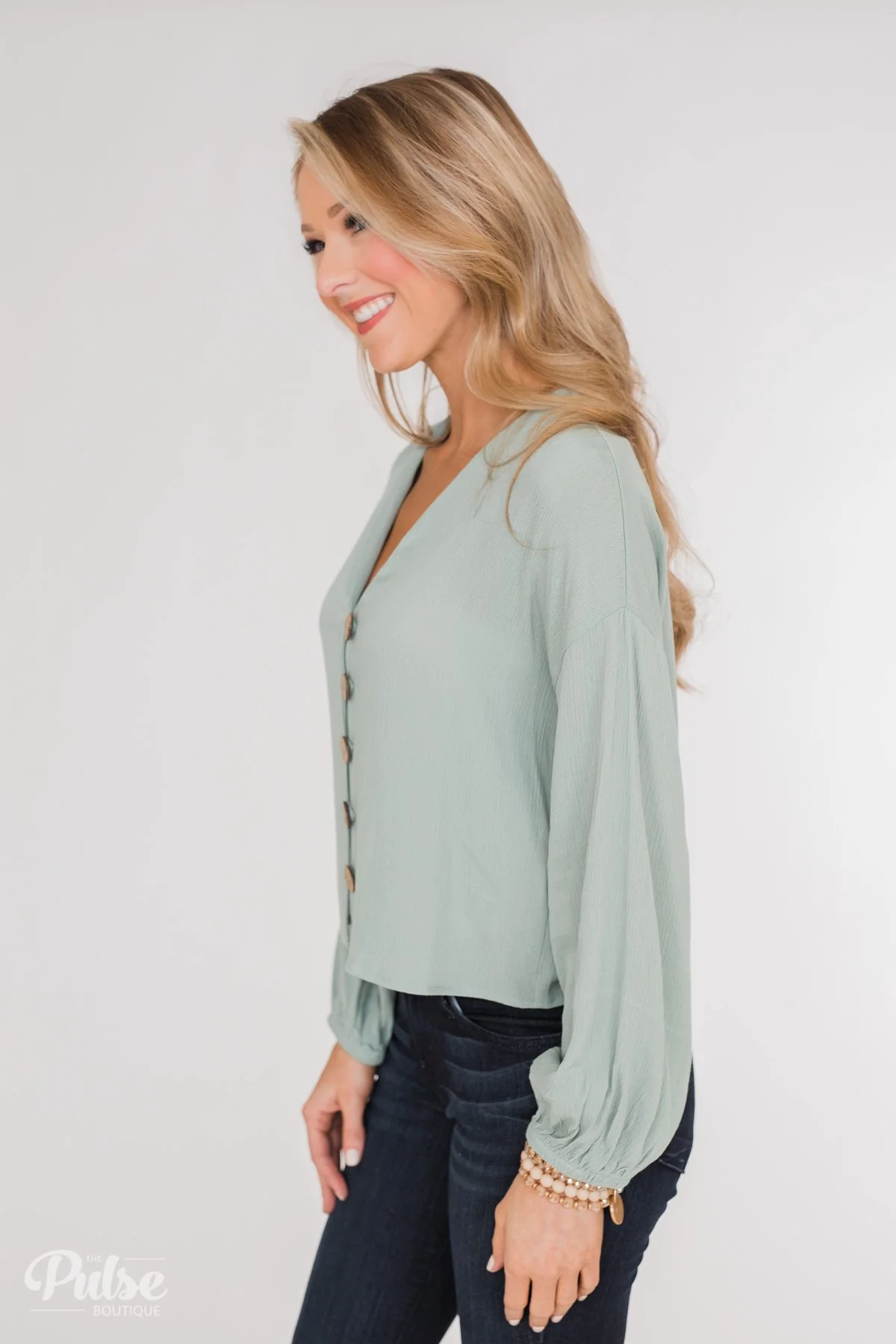 With or Without You V-Neck Button Blouse- Sage - Image 6